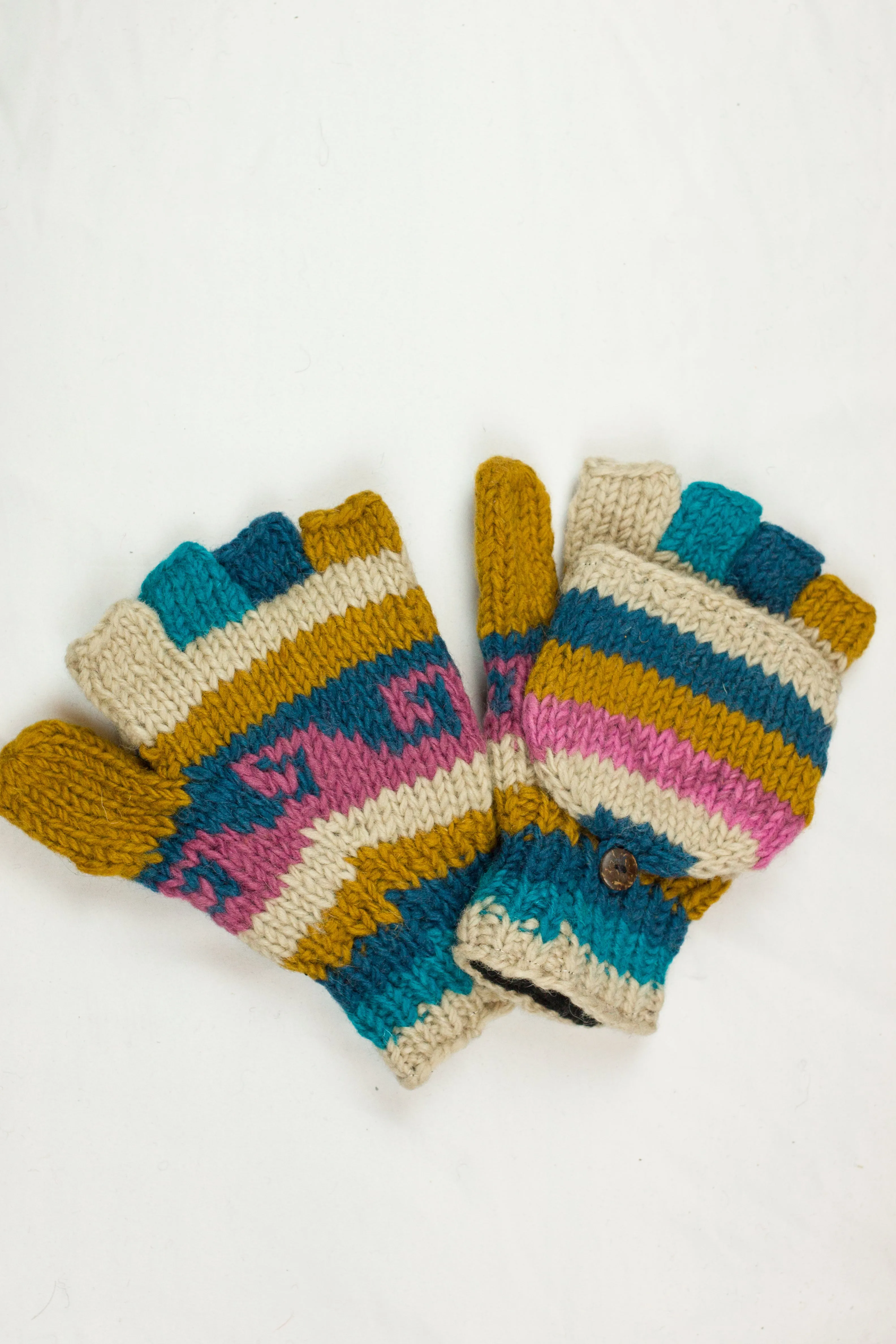 Hand knitted convertible woolen gloves with soft inner fleece liner - unisex
