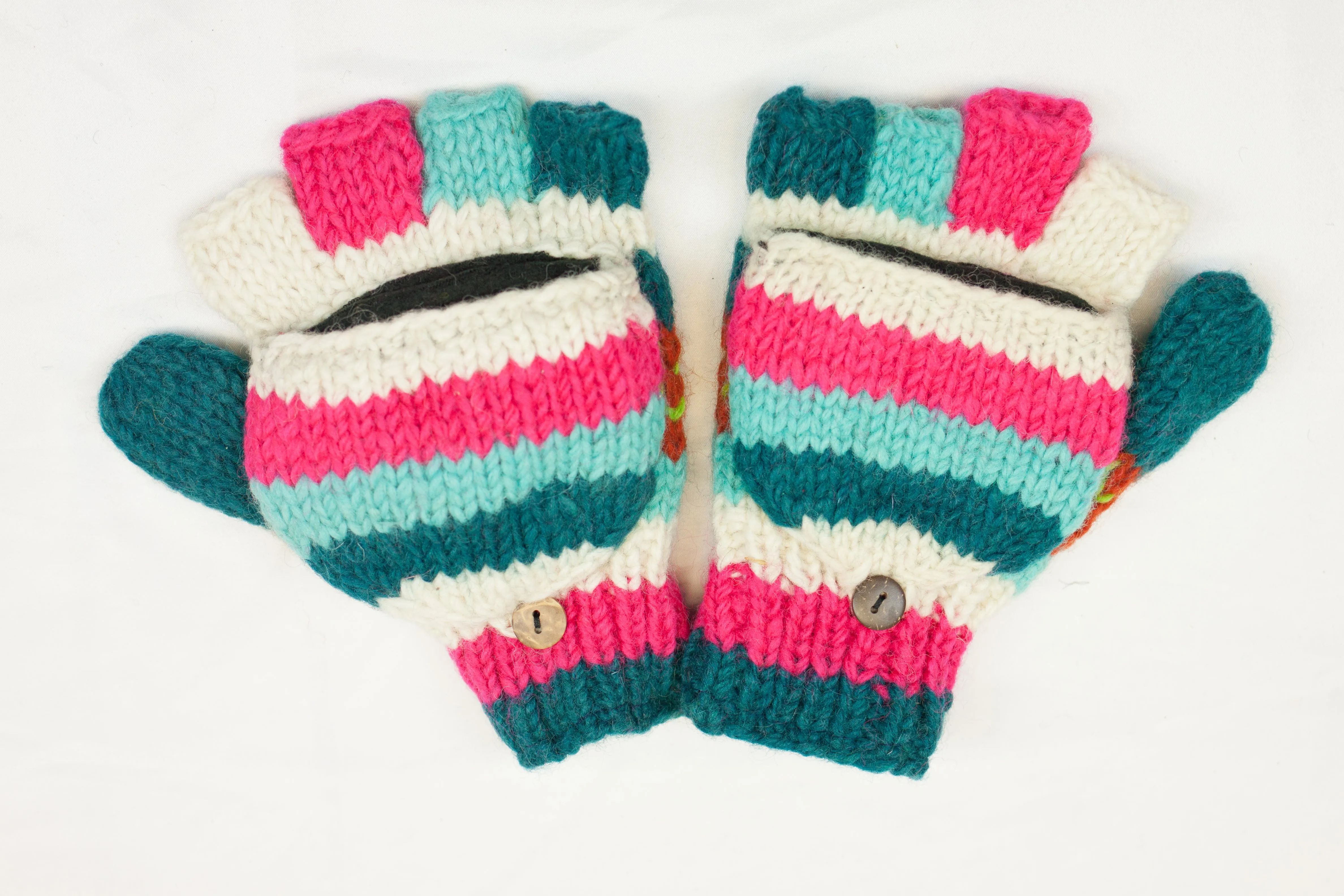 Hand knitted convertible woolen gloves with soft inner fleece liner - unisex