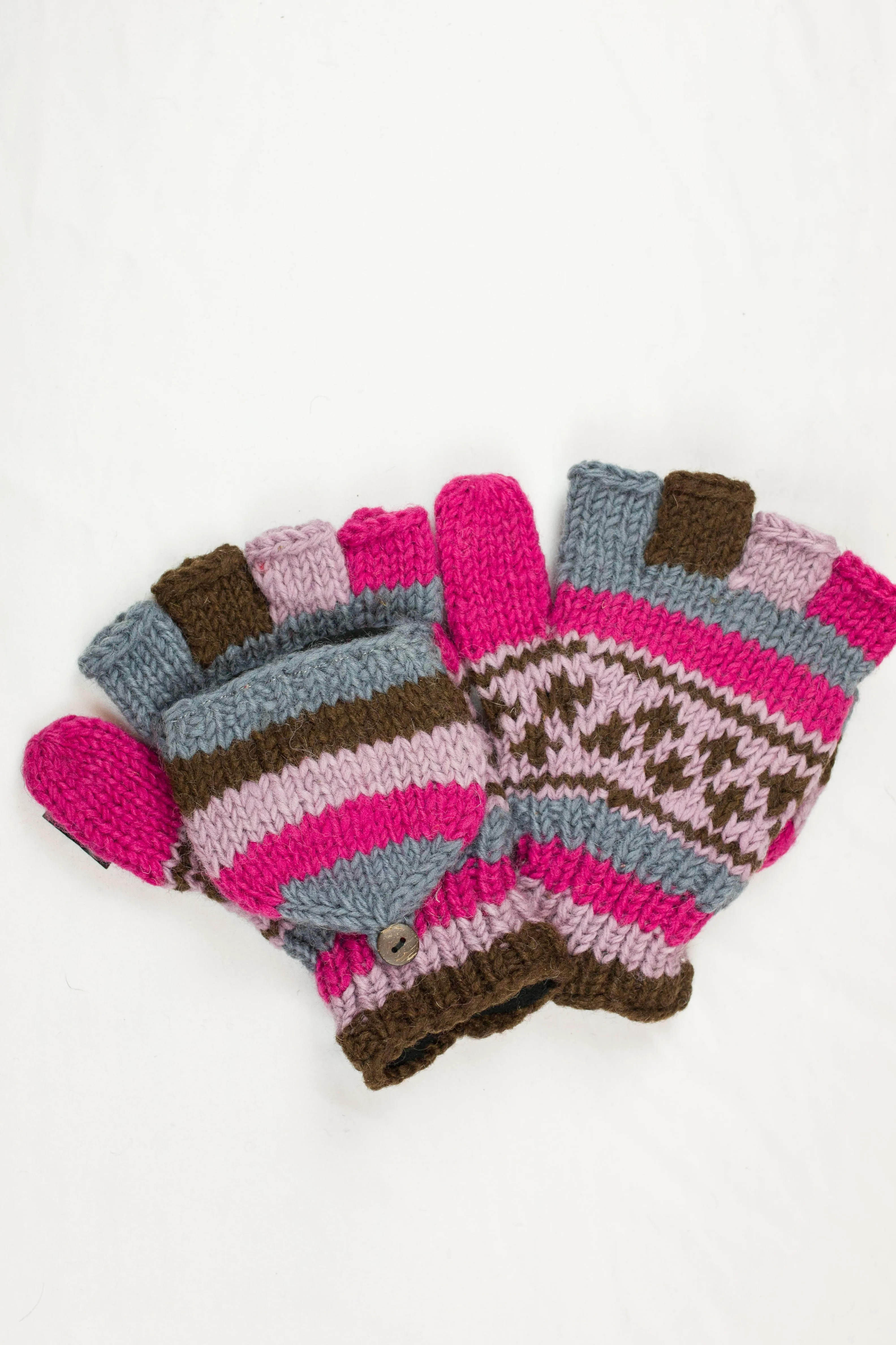 Hand knitted convertible woolen gloves with soft inner fleece liner - unisex