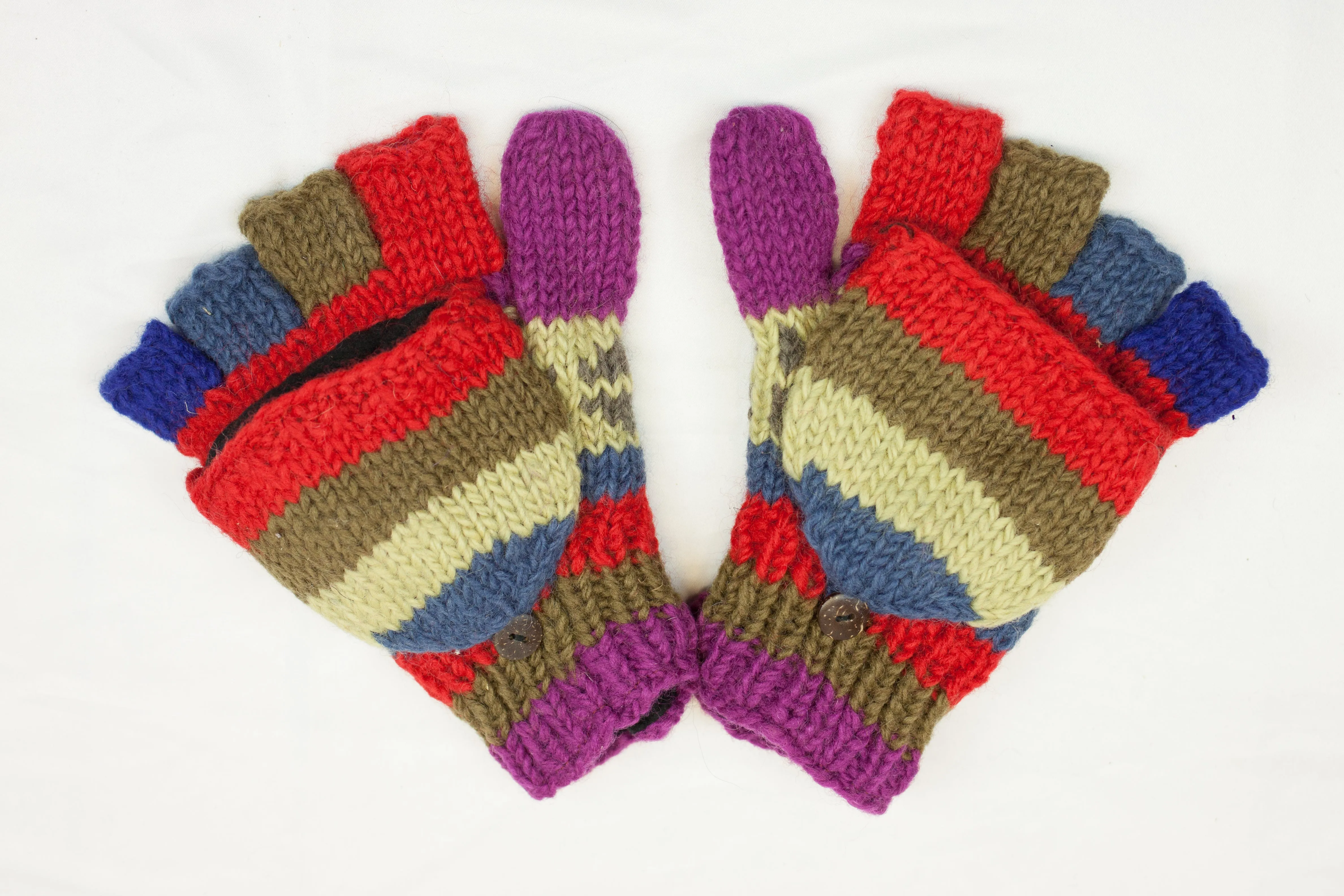 Hand knitted convertible woolen gloves with soft inner fleece liner - unisex