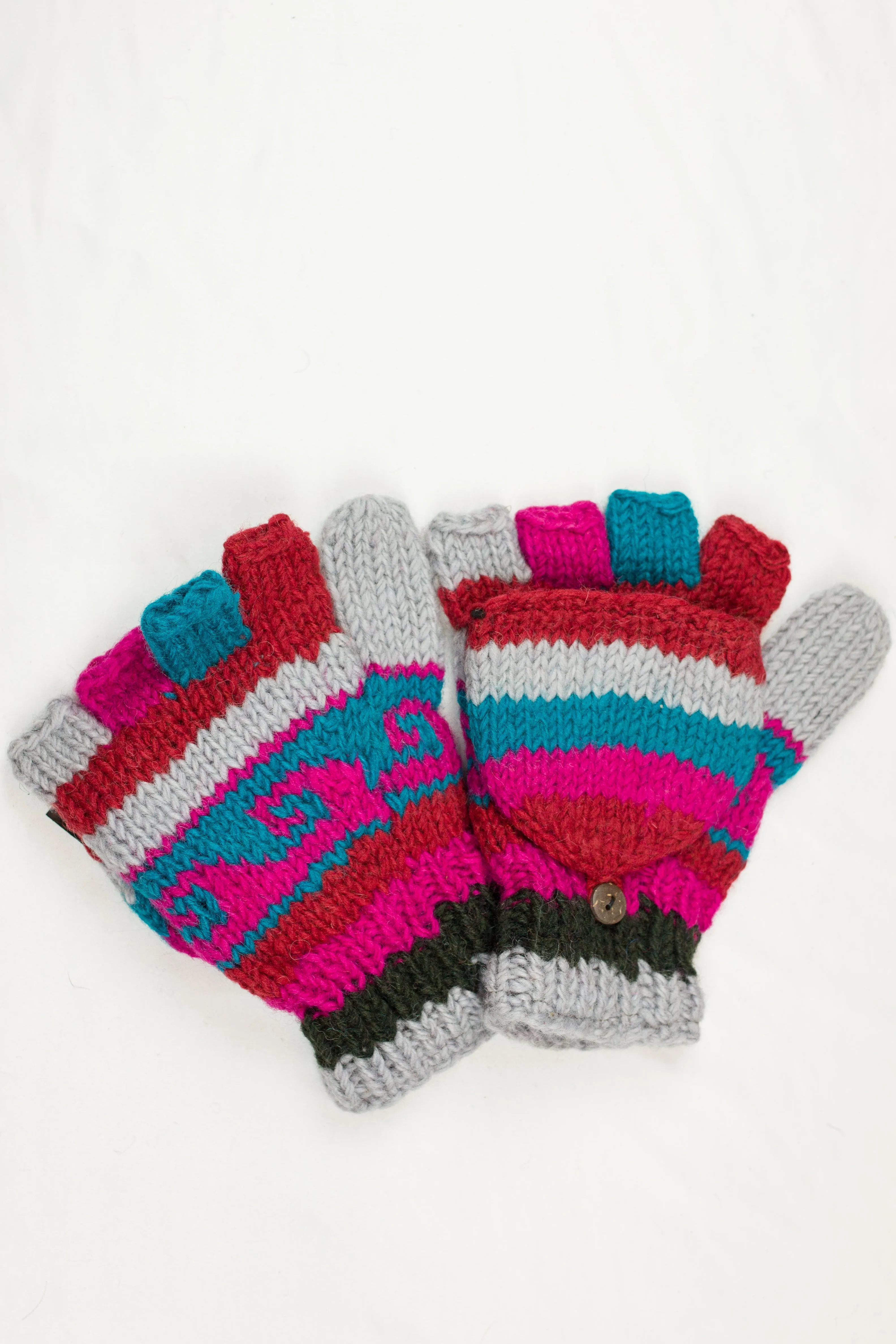 Hand knitted convertible woolen gloves with soft inner fleece liner - unisex