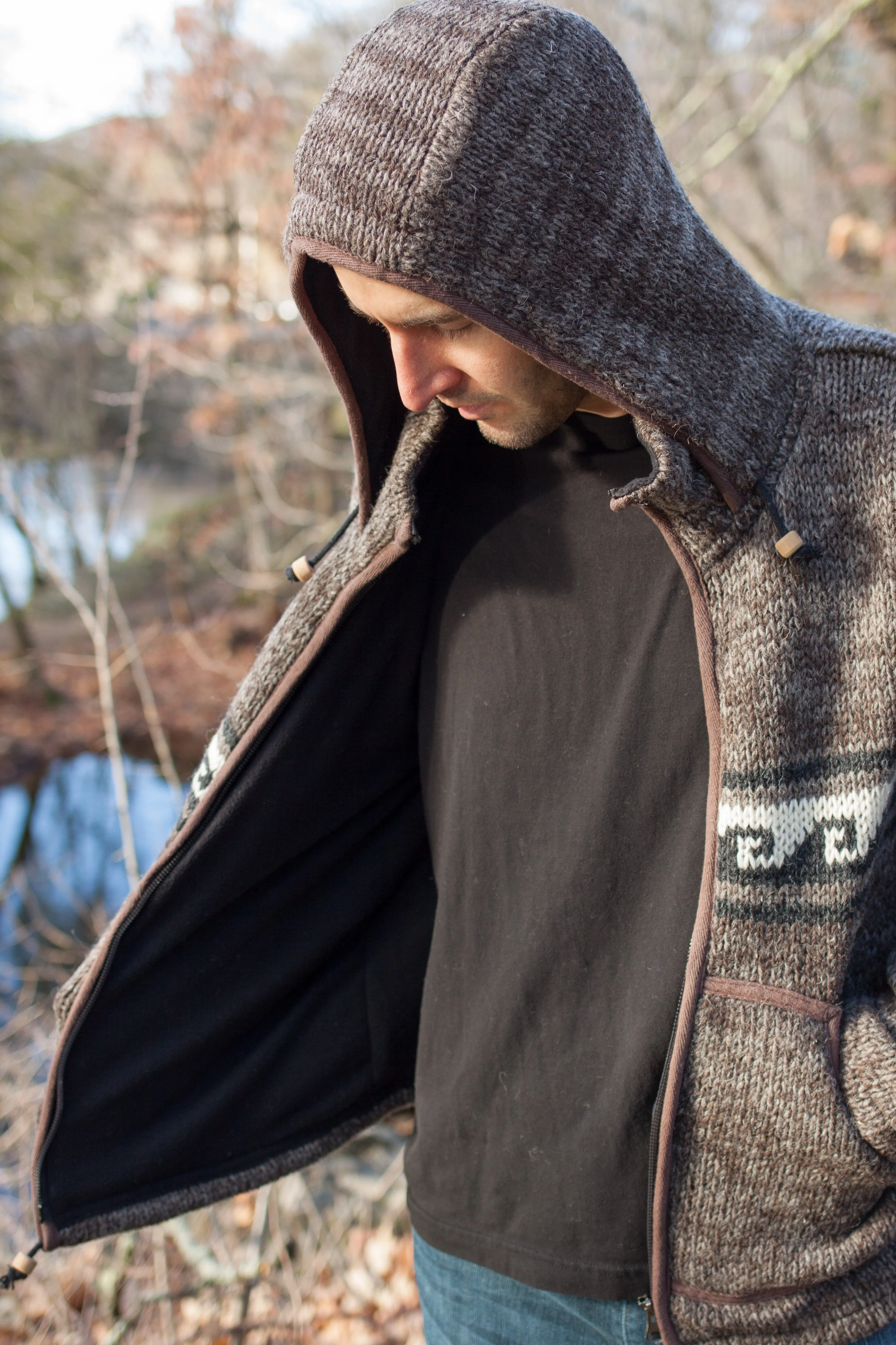 Hand knitted woolen jacket/sweater with soft inner fleece - HMPWJ13