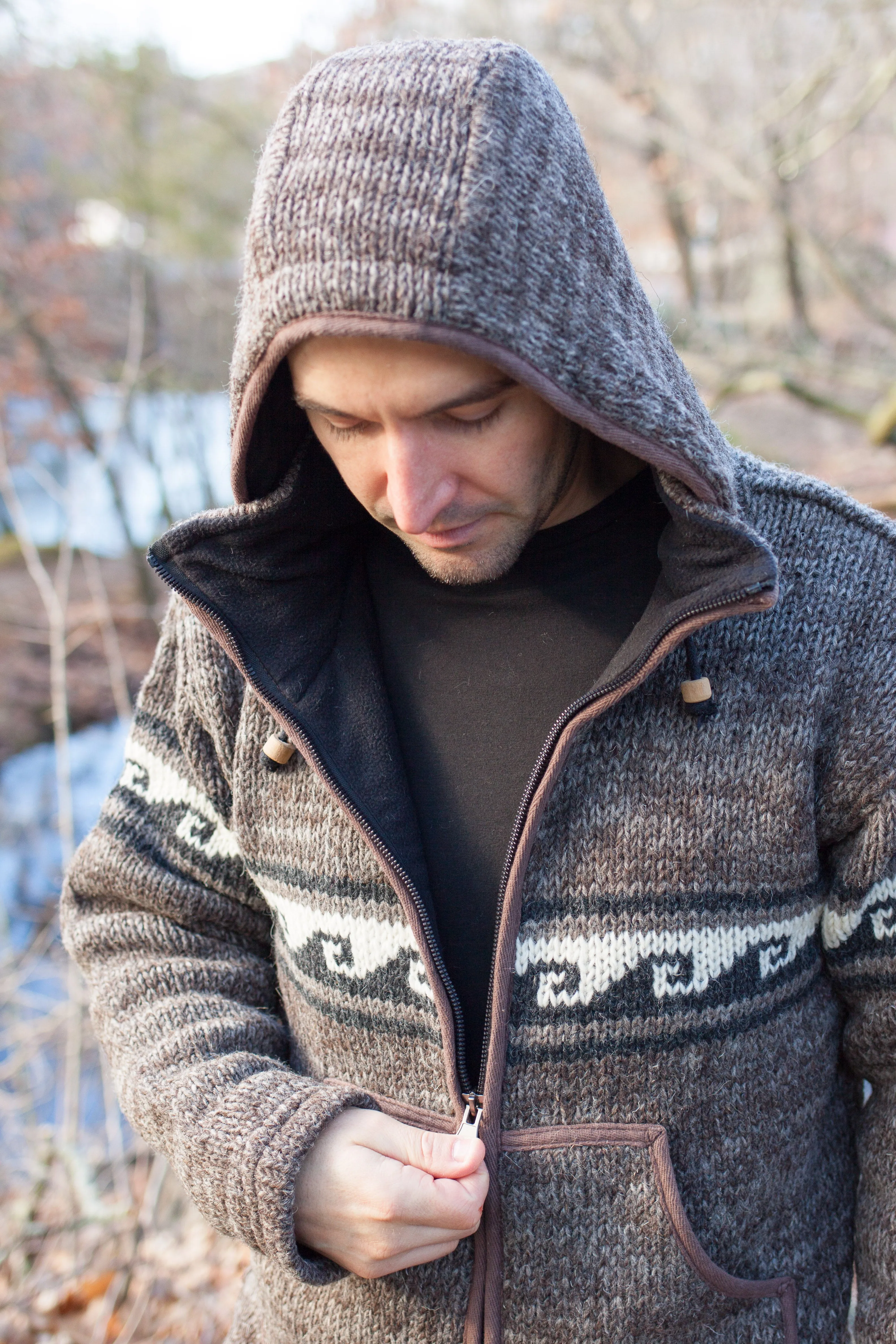 Hand knitted woolen jacket/sweater with soft inner fleece - HMPWJ13