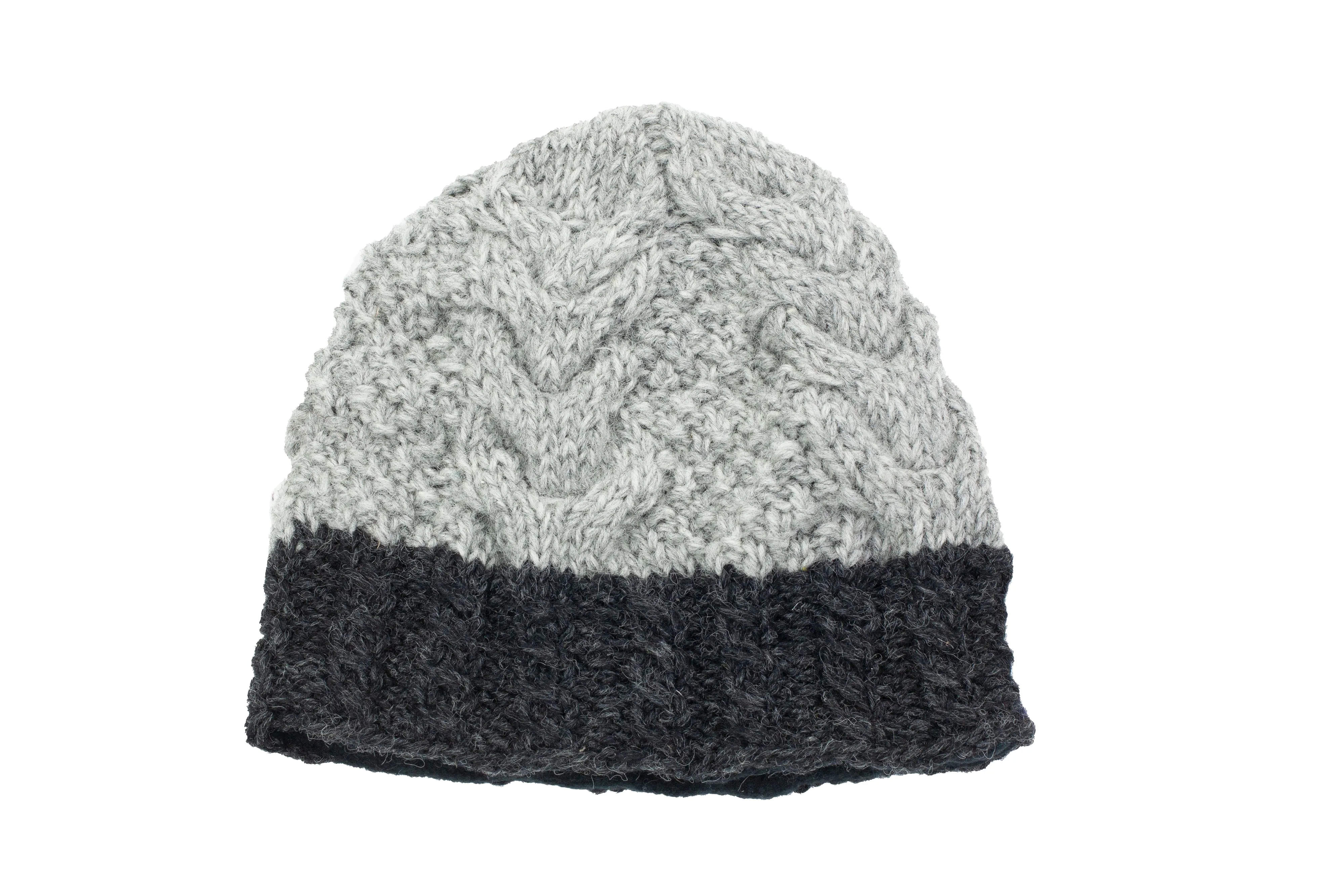 Hand knitted woolen pom pom beanie with soft fleece liner - unisex