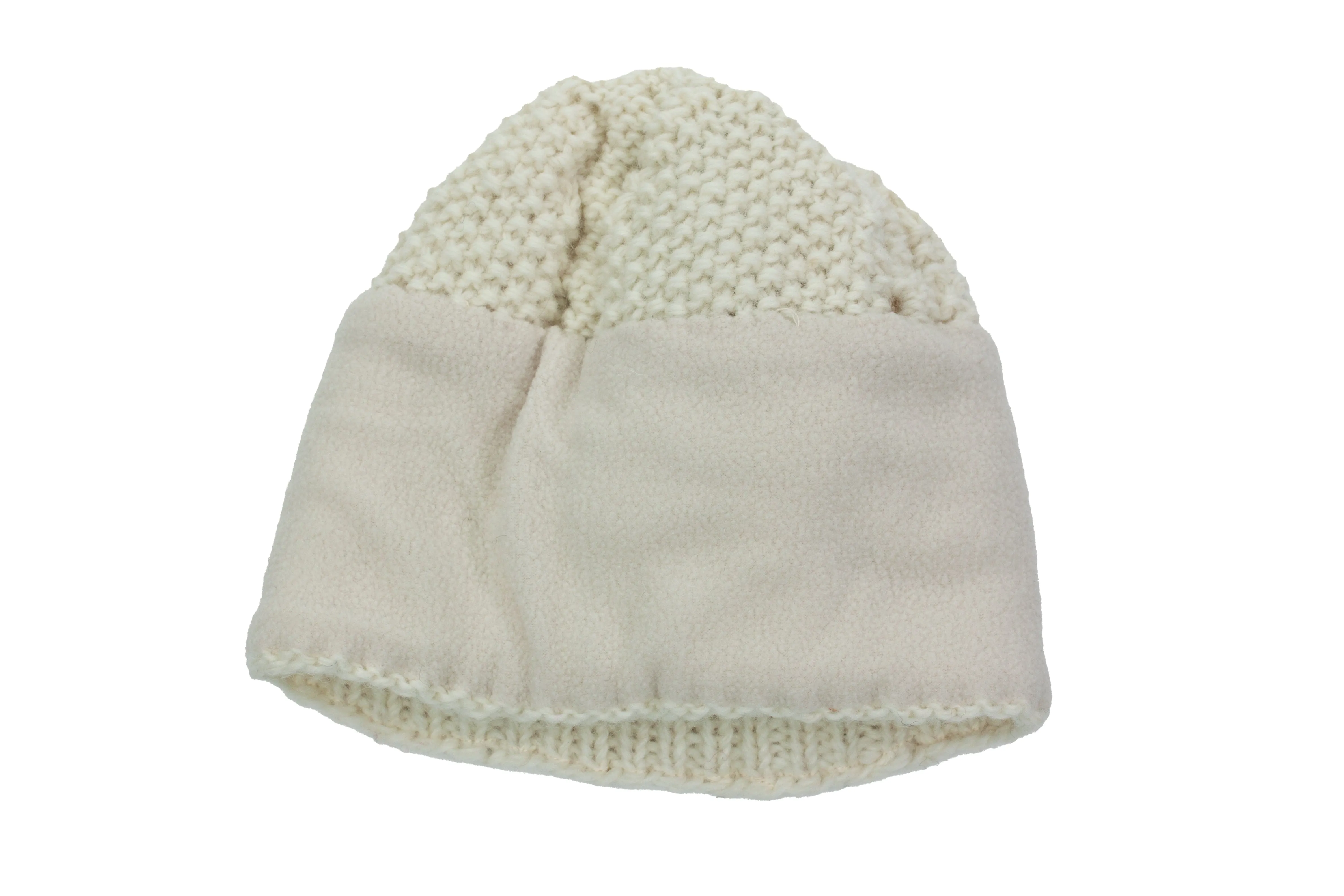 Hand knitted woolen pom pom beanie with soft fleece liner - unisex