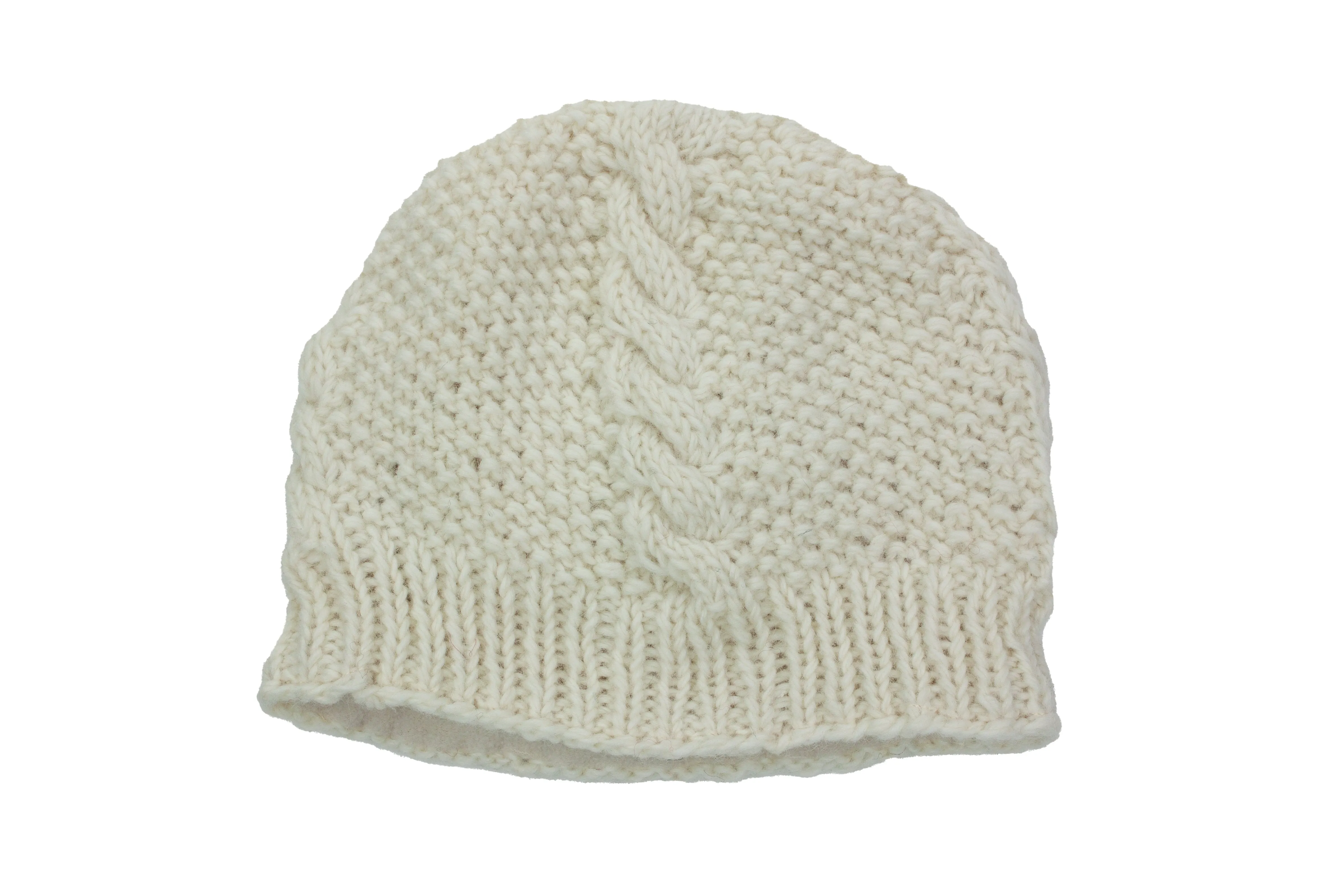 Hand knitted woolen pom pom beanie with soft fleece liner - unisex