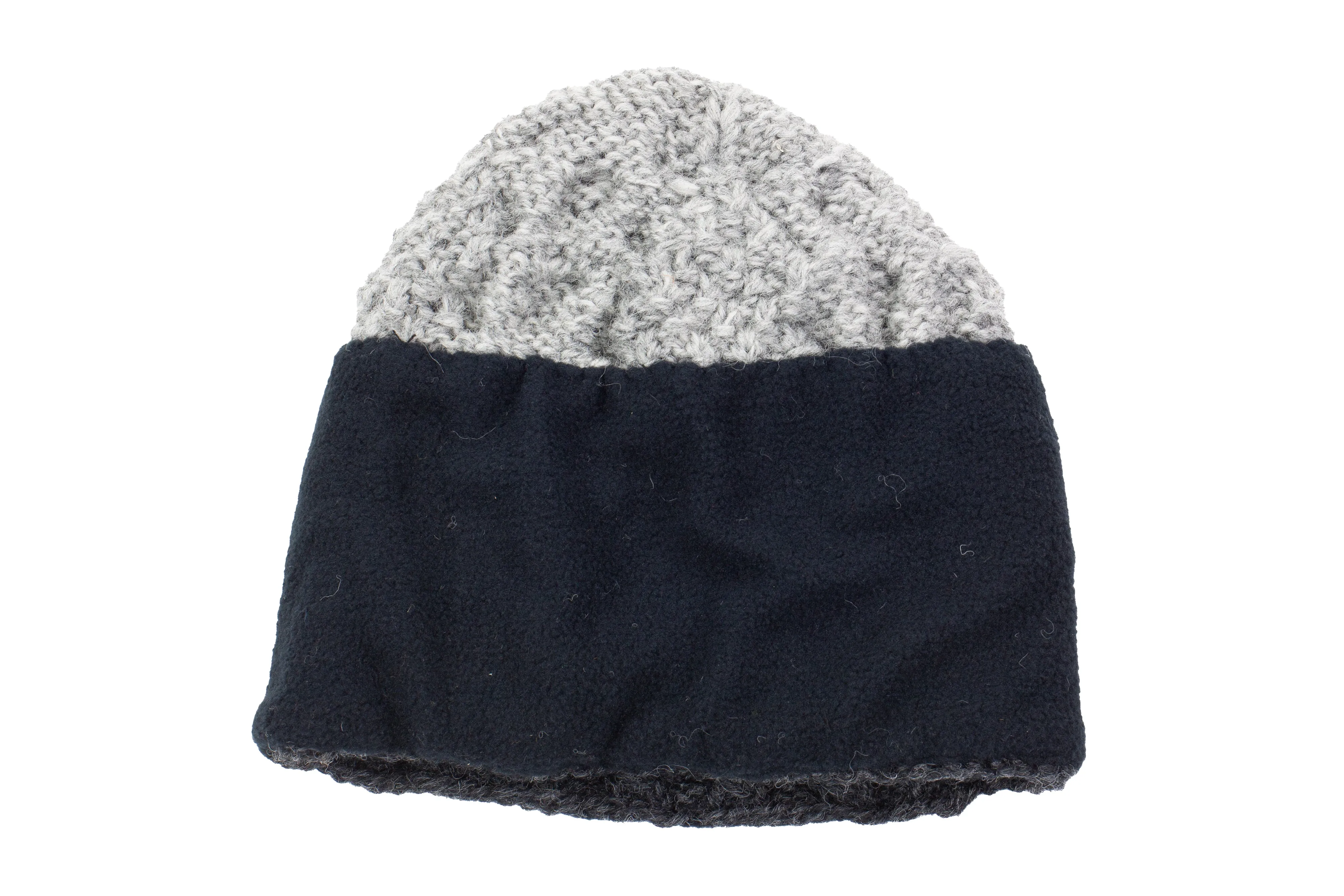 Hand knitted woolen pom pom beanie with soft fleece liner - unisex