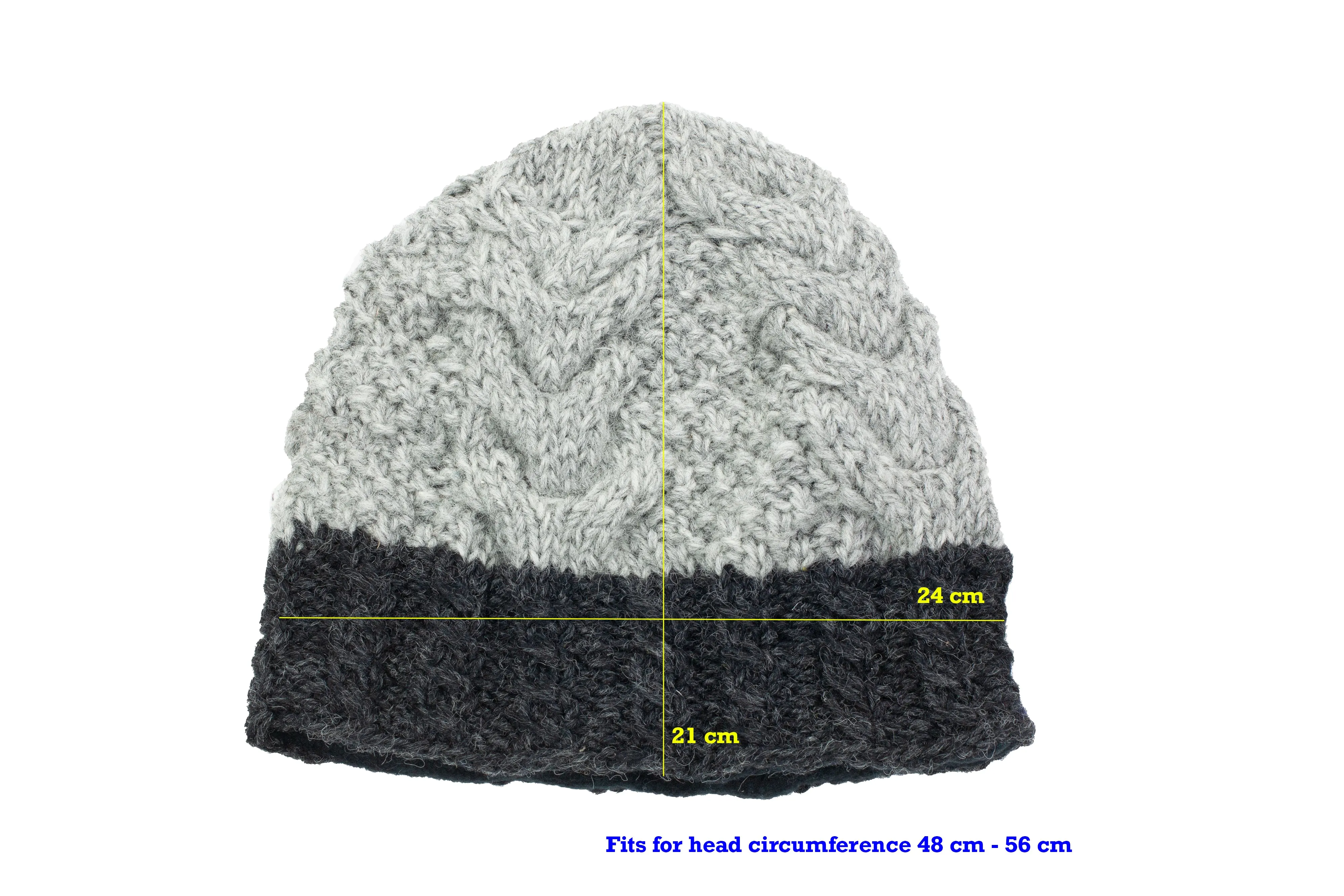 Hand knitted woolen pom pom beanie with soft fleece liner - unisex
