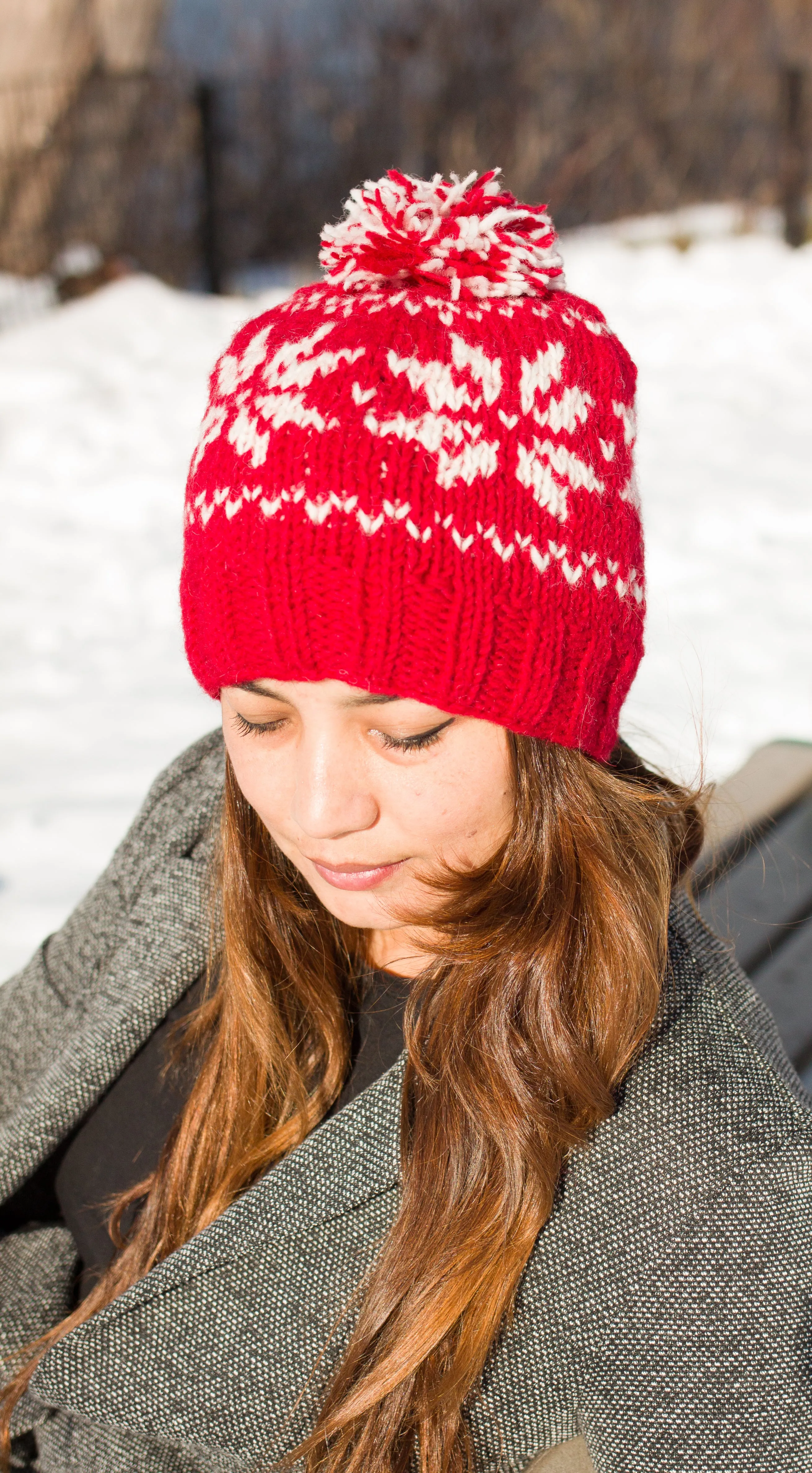 Hand knitted woolen pom pom beanie with soft fleece liner - unisex