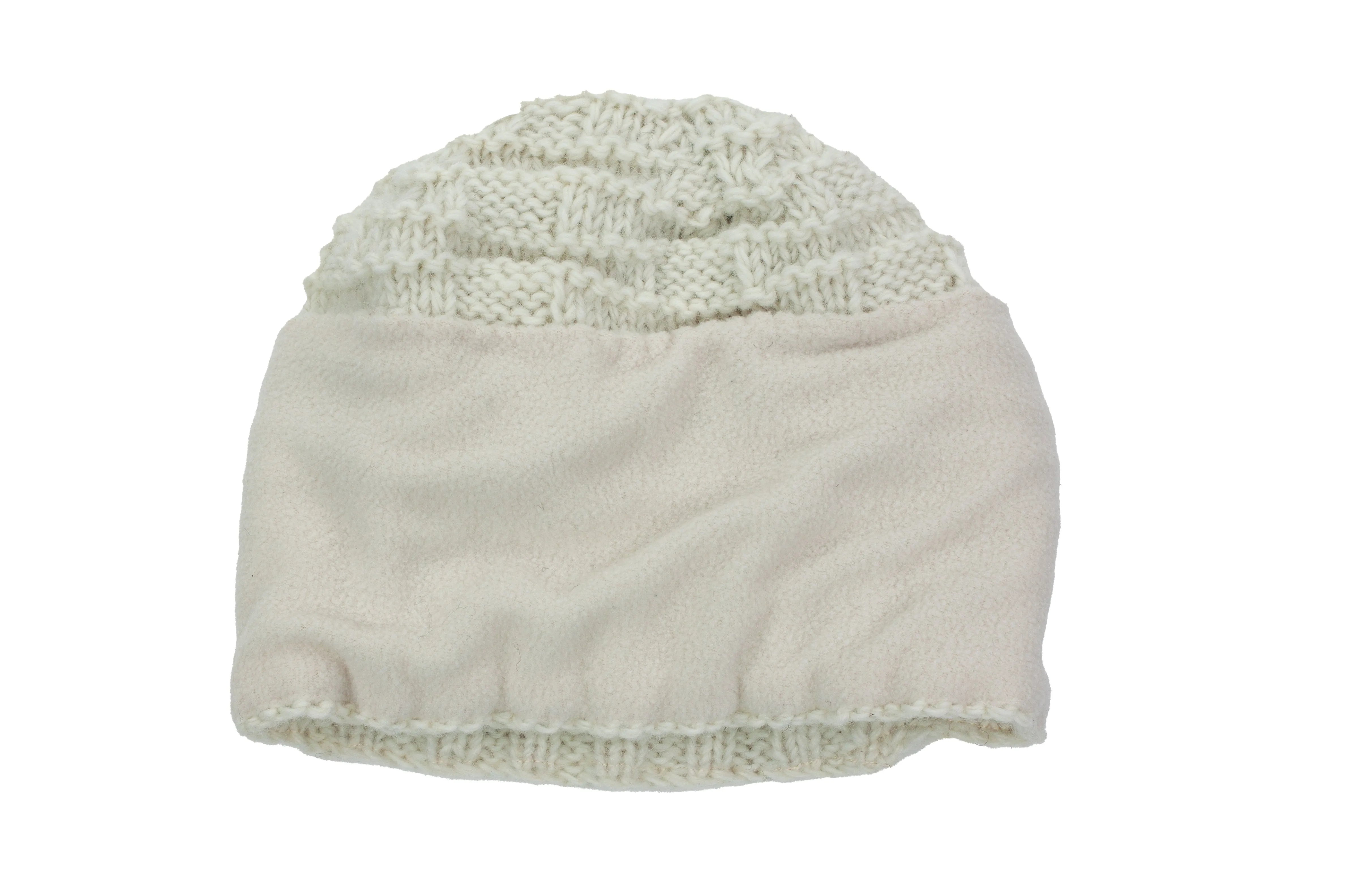 Hand knitted woolen pom pom beanie with soft fleece liner - unisex