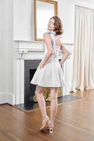 Hannah Short White Bridal Shower and Wedding Reception Dress With Blue Ribbons
