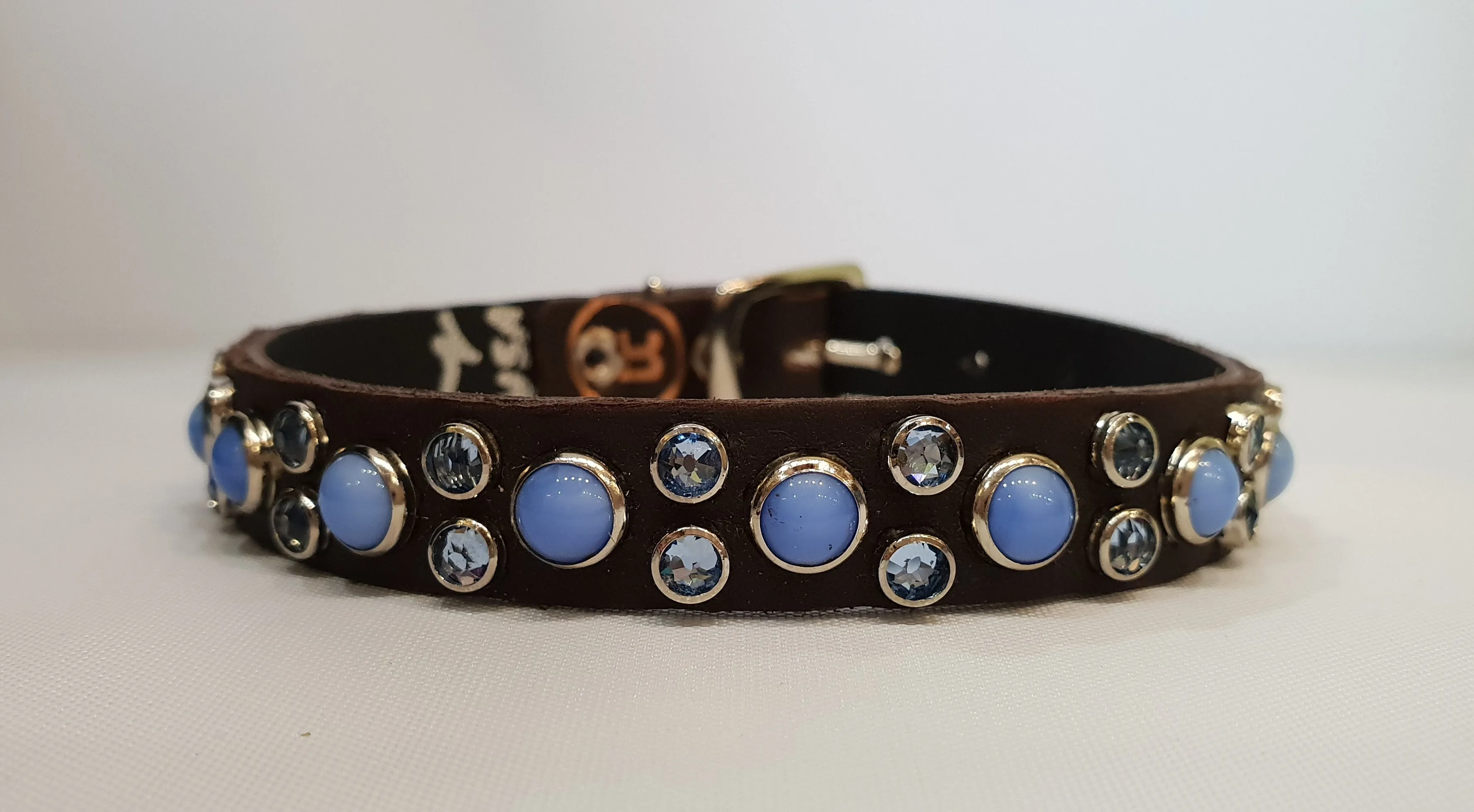 HB 1/2" Collar - Chocolate Leather / Blue Stones & Crystals