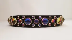 HB 3/4" Collar - Black Leather / Vitrail Stones & Crystals