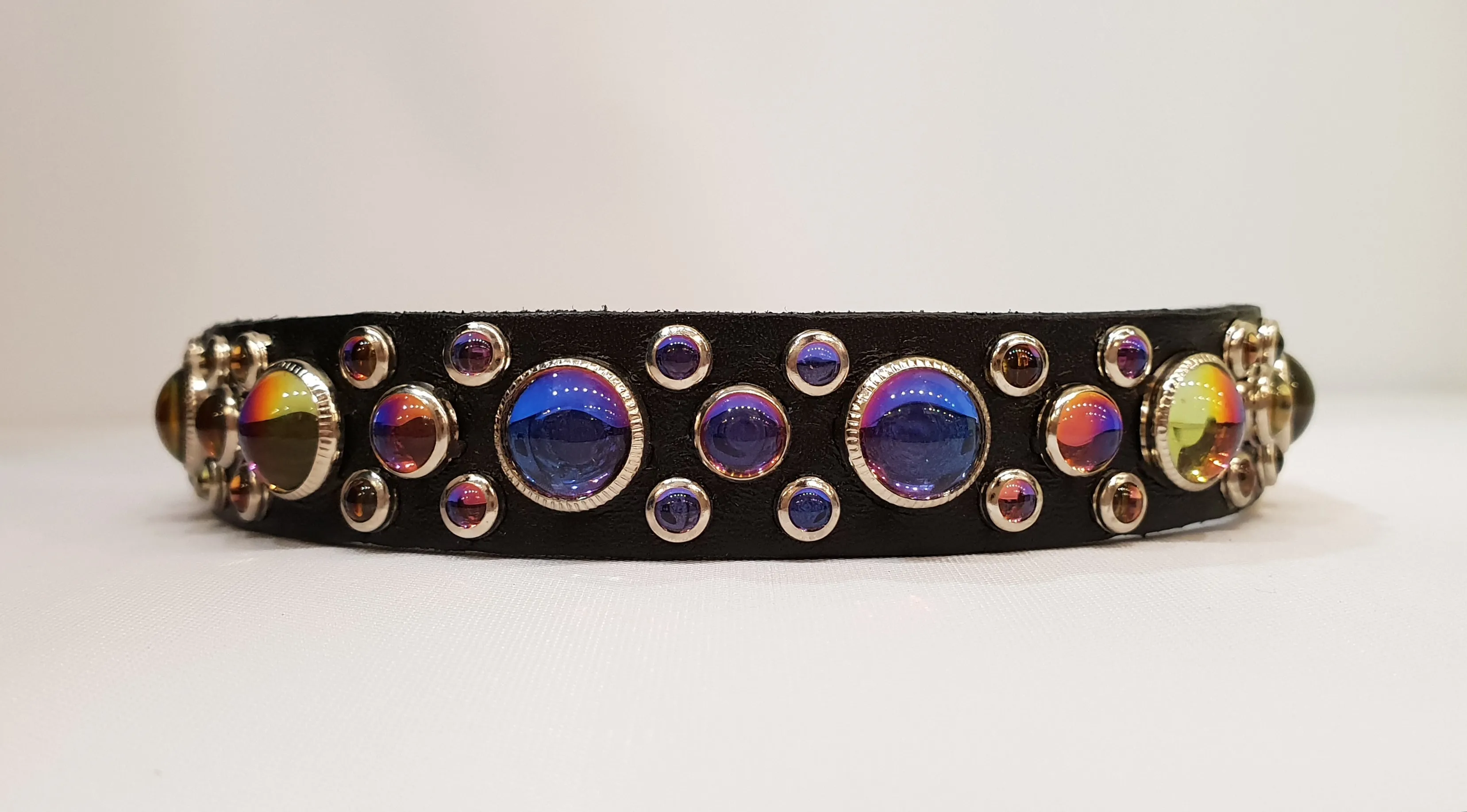 HB 3/4" Collar - Black Leather / Vitrail Stones & Crystals