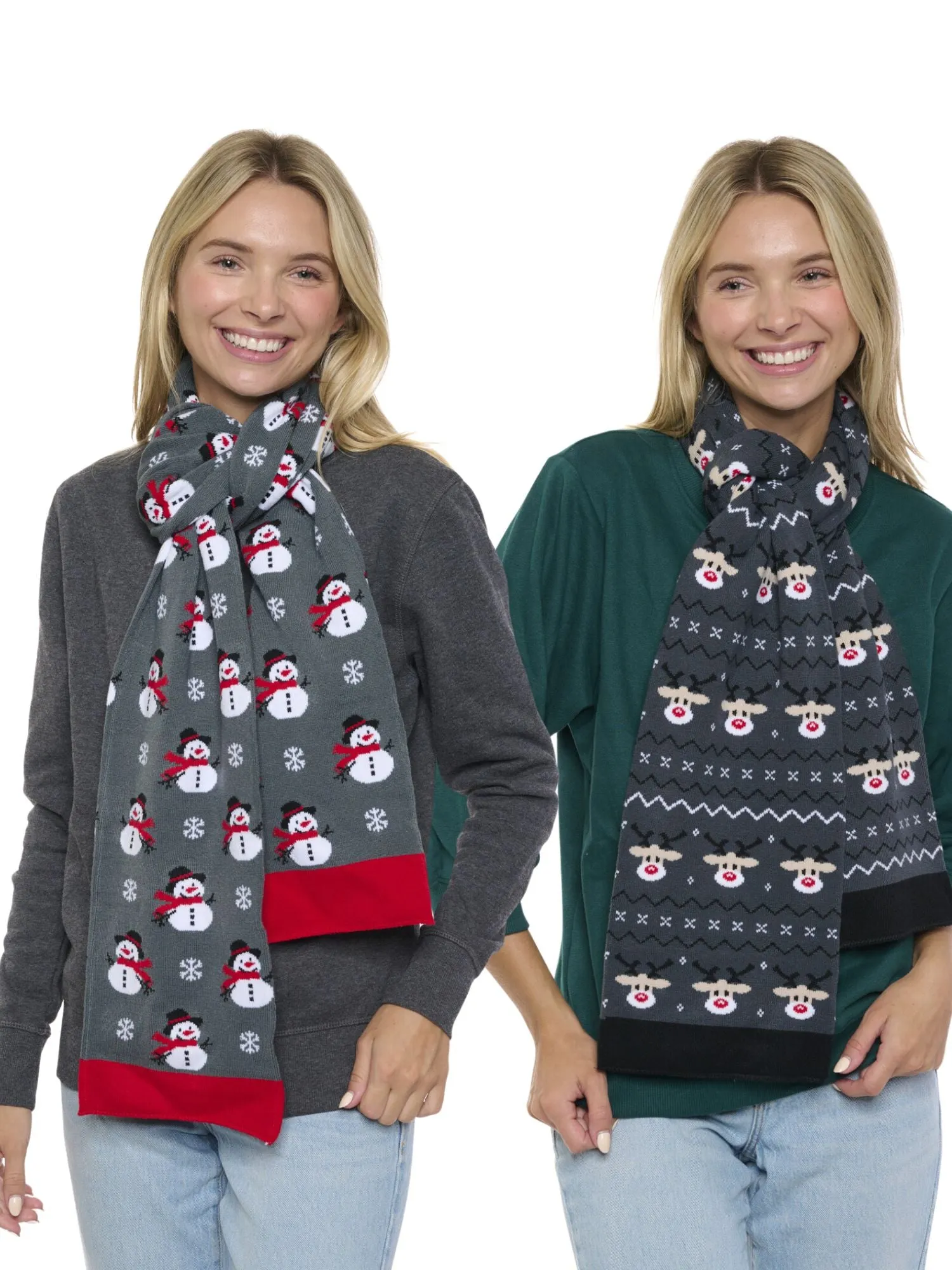 Holiday Scarves Gift Set Reindeer & Snowman Knit Scarves 70" Men's Women's