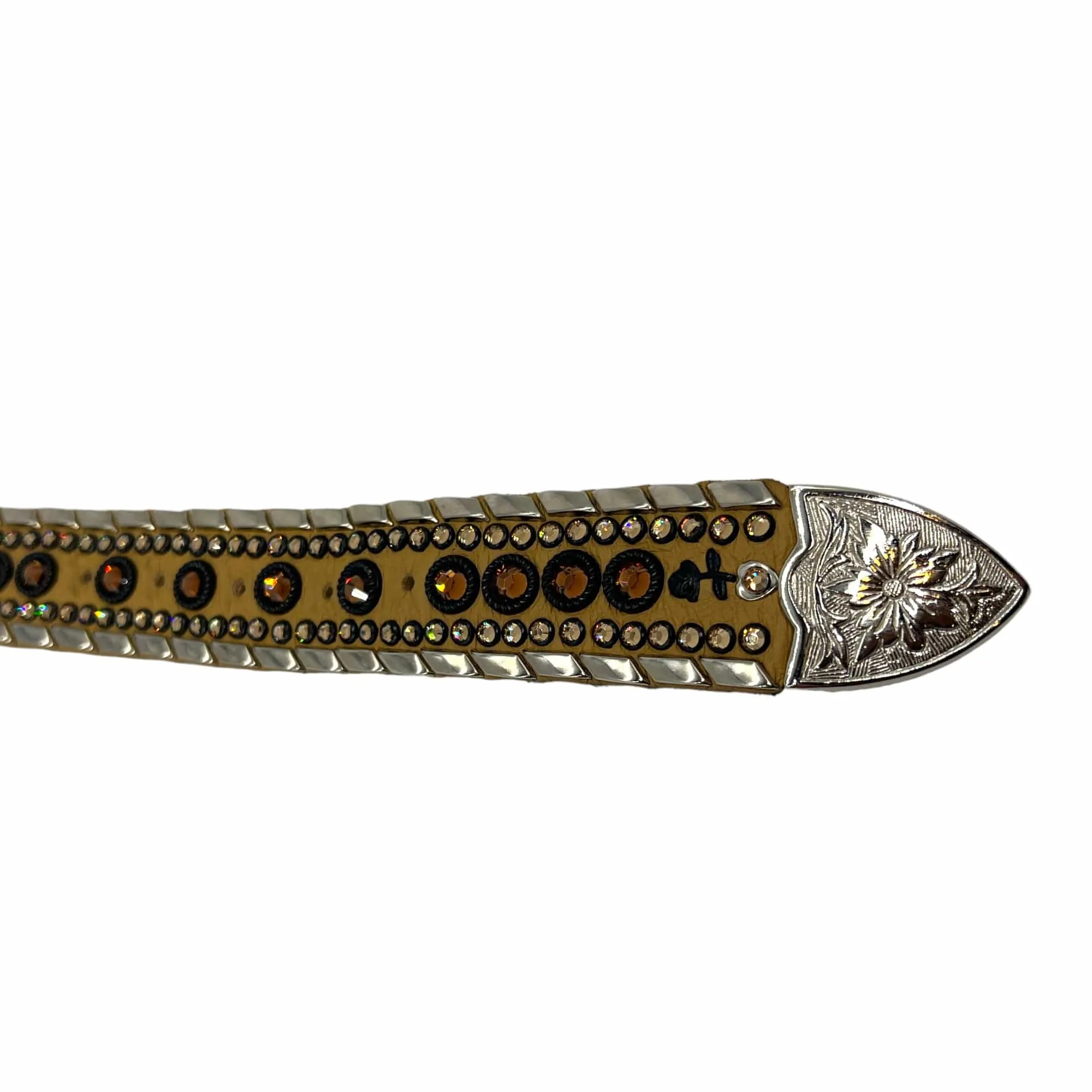 KIPPYS Crystal-Embellished Western Style Leather Belt with Silver Buckle - Tan