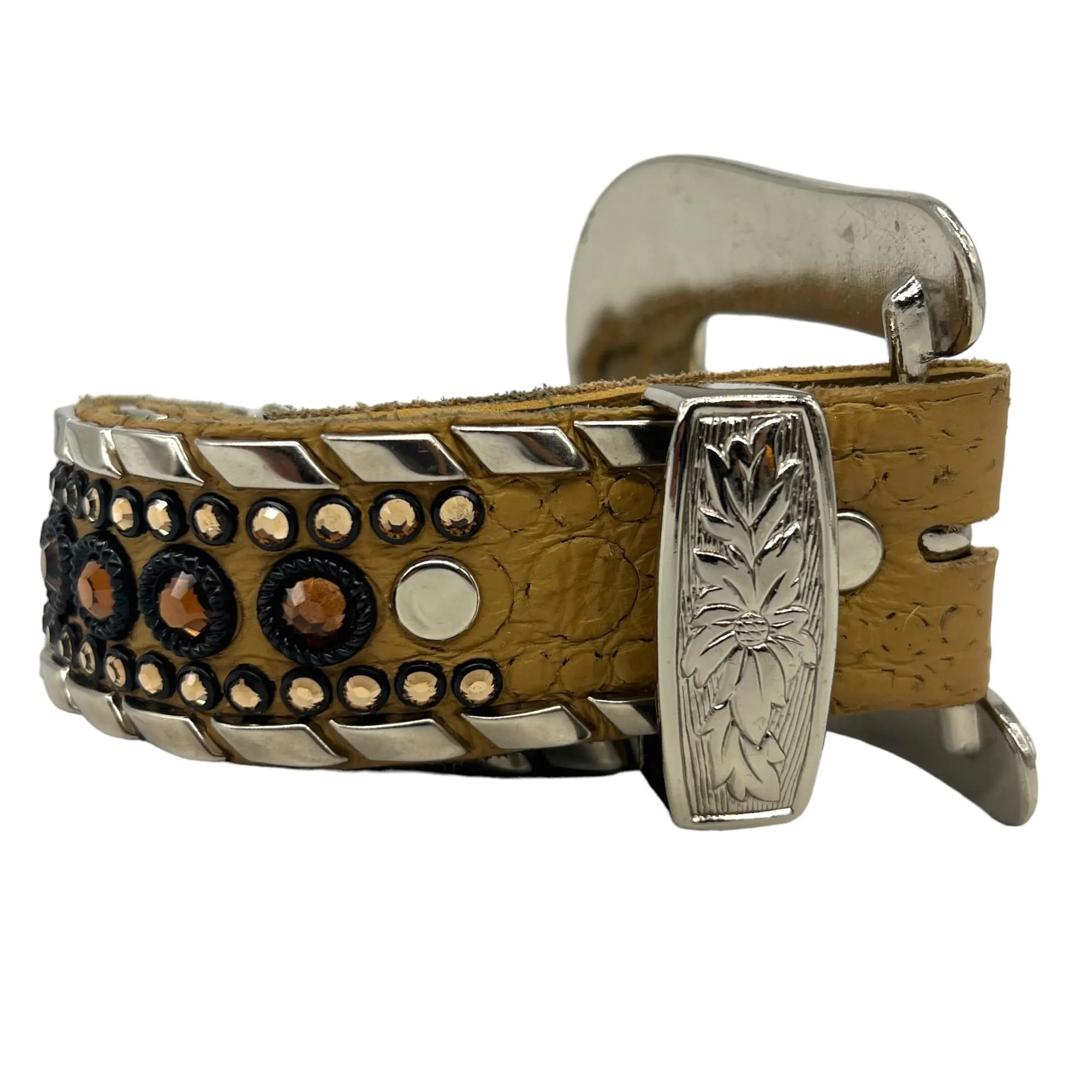 KIPPYS Crystal-Embellished Western Style Leather Belt with Silver Buckle - Tan