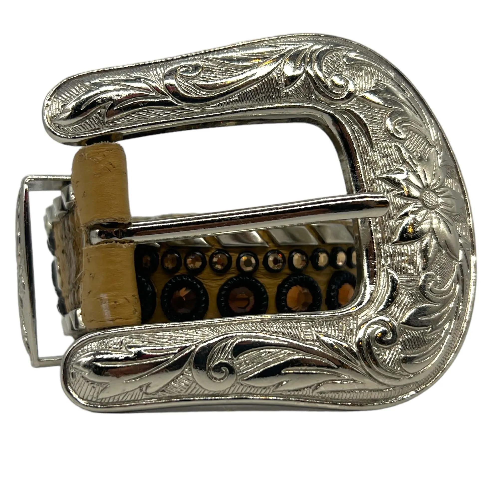 KIPPYS Crystal-Embellished Western Style Leather Belt with Silver Buckle - Tan