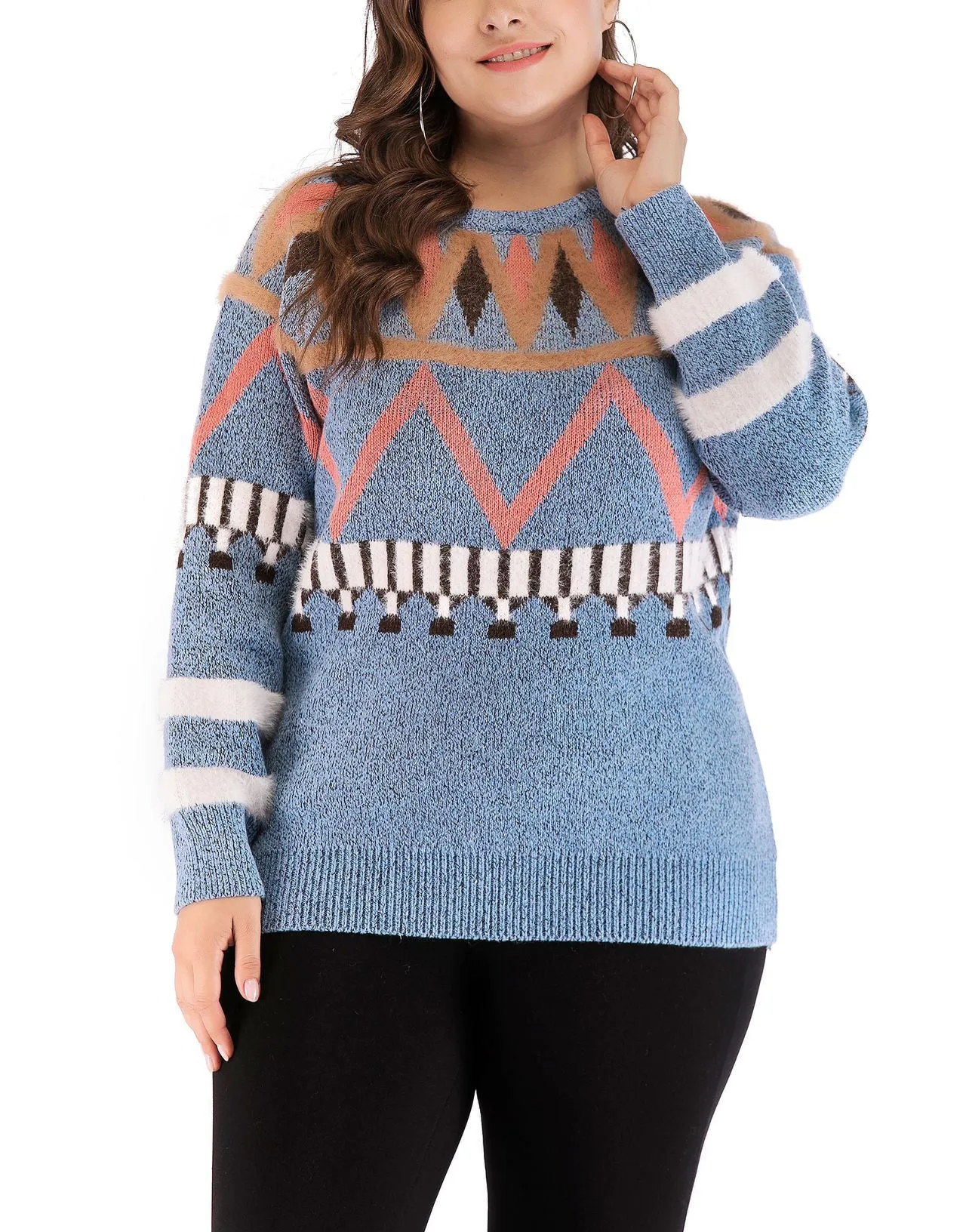 Large Size Women's Shirt Round Neck Print Sweater