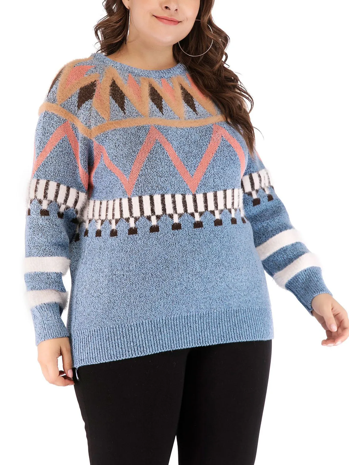 Large Size Women's Shirt Round Neck Print Sweater