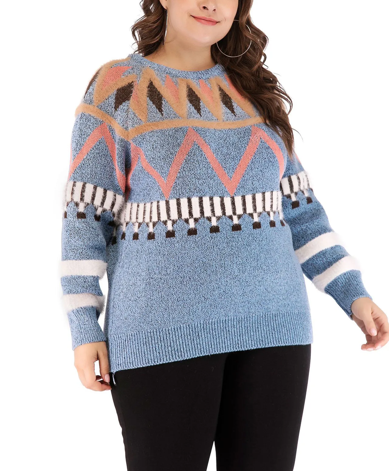 Large Size Women's Shirt Round Neck Print Sweater