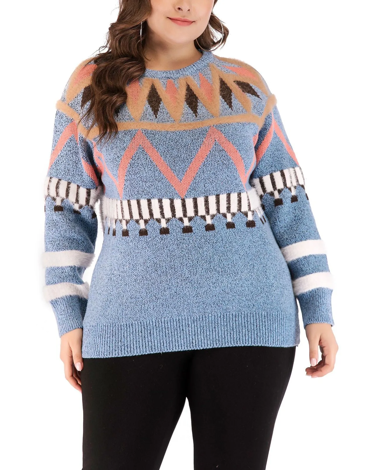 Large Size Women's Shirt Round Neck Print Sweater