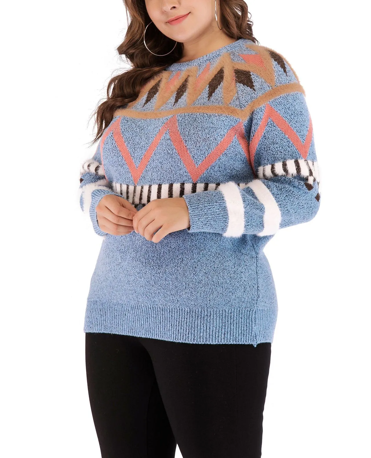 Large Size Women's Shirt Round Neck Print Sweater