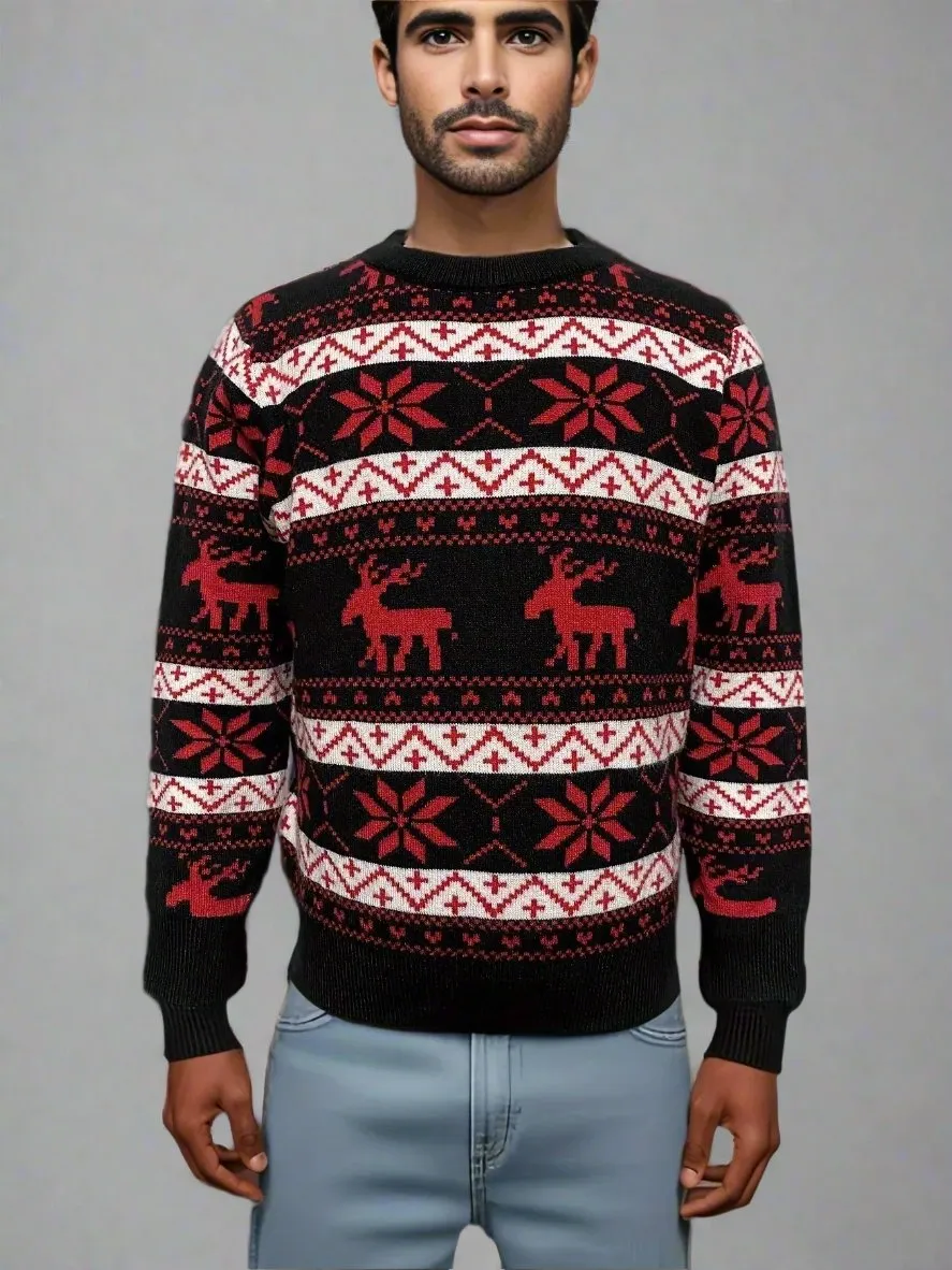 Matching Family Christmas Sweaters – Black with Festive Red Reindeer and Snowflake Design