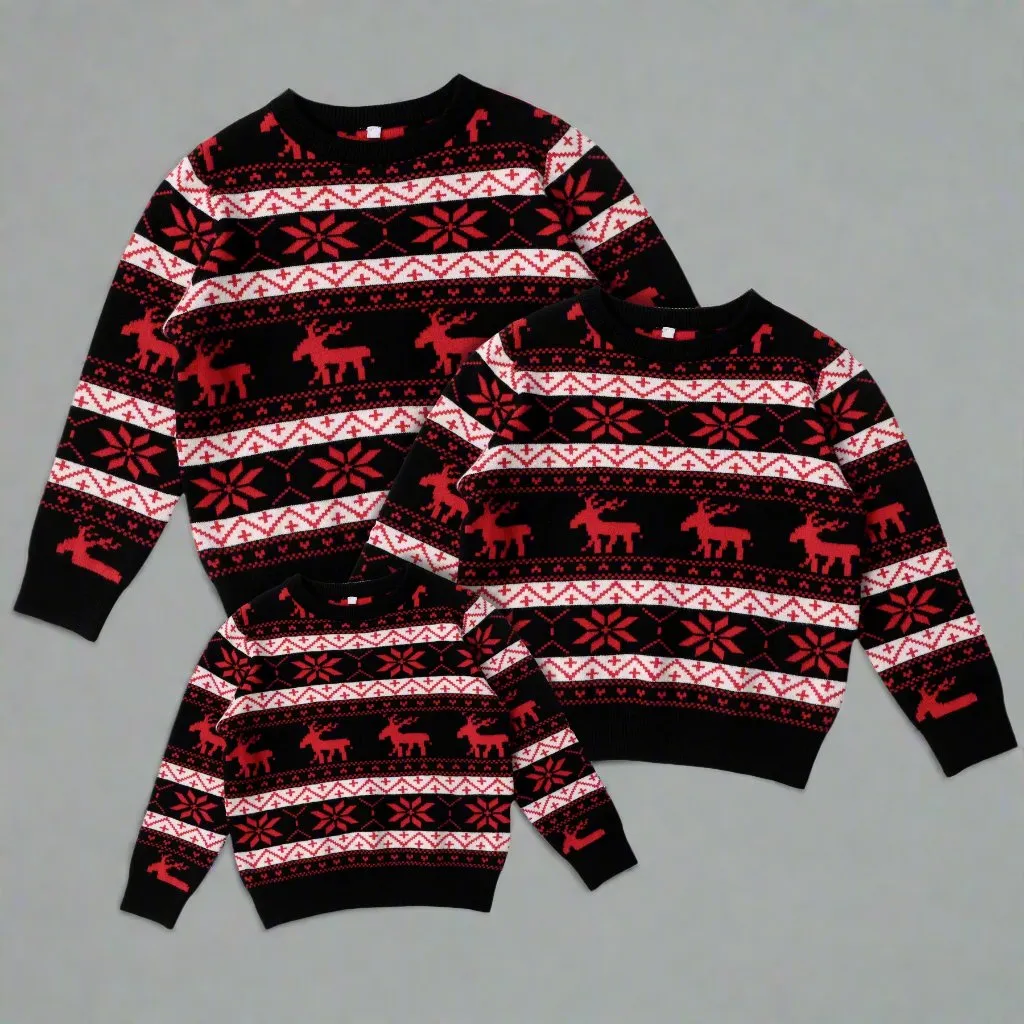 Matching Family Christmas Sweaters – Black with Festive Red Reindeer and Snowflake Design