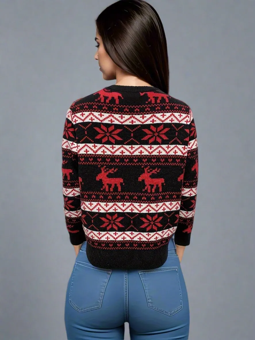 Matching Family Christmas Sweaters – Black with Festive Red Reindeer and Snowflake Design