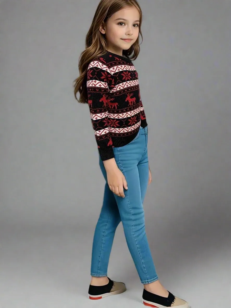 Matching Family Christmas Sweaters – Black with Festive Red Reindeer and Snowflake Design