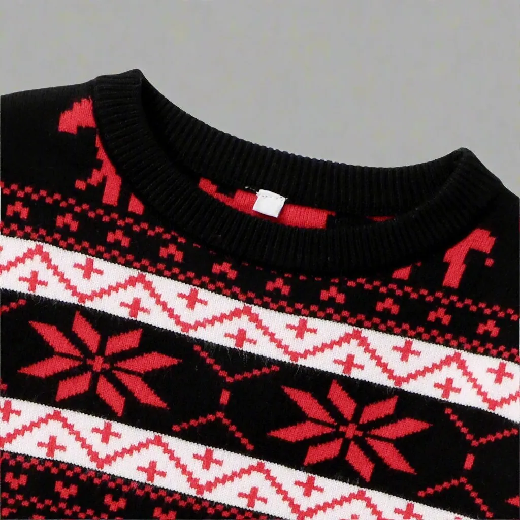 Matching Family Christmas Sweaters – Black with Festive Red Reindeer and Snowflake Design