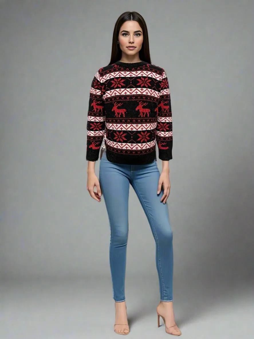 Matching Family Christmas Sweaters – Black with Festive Red Reindeer and Snowflake Design