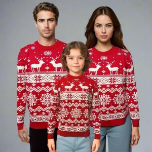 Matching Family Christmas Sweaters – Festive Red with Reindeer and Snowflake Pattern