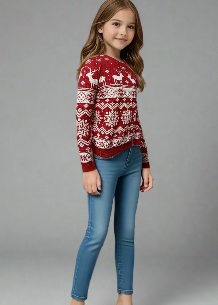 Matching Family Christmas Sweaters – Festive Red with Reindeer and Snowflake Pattern