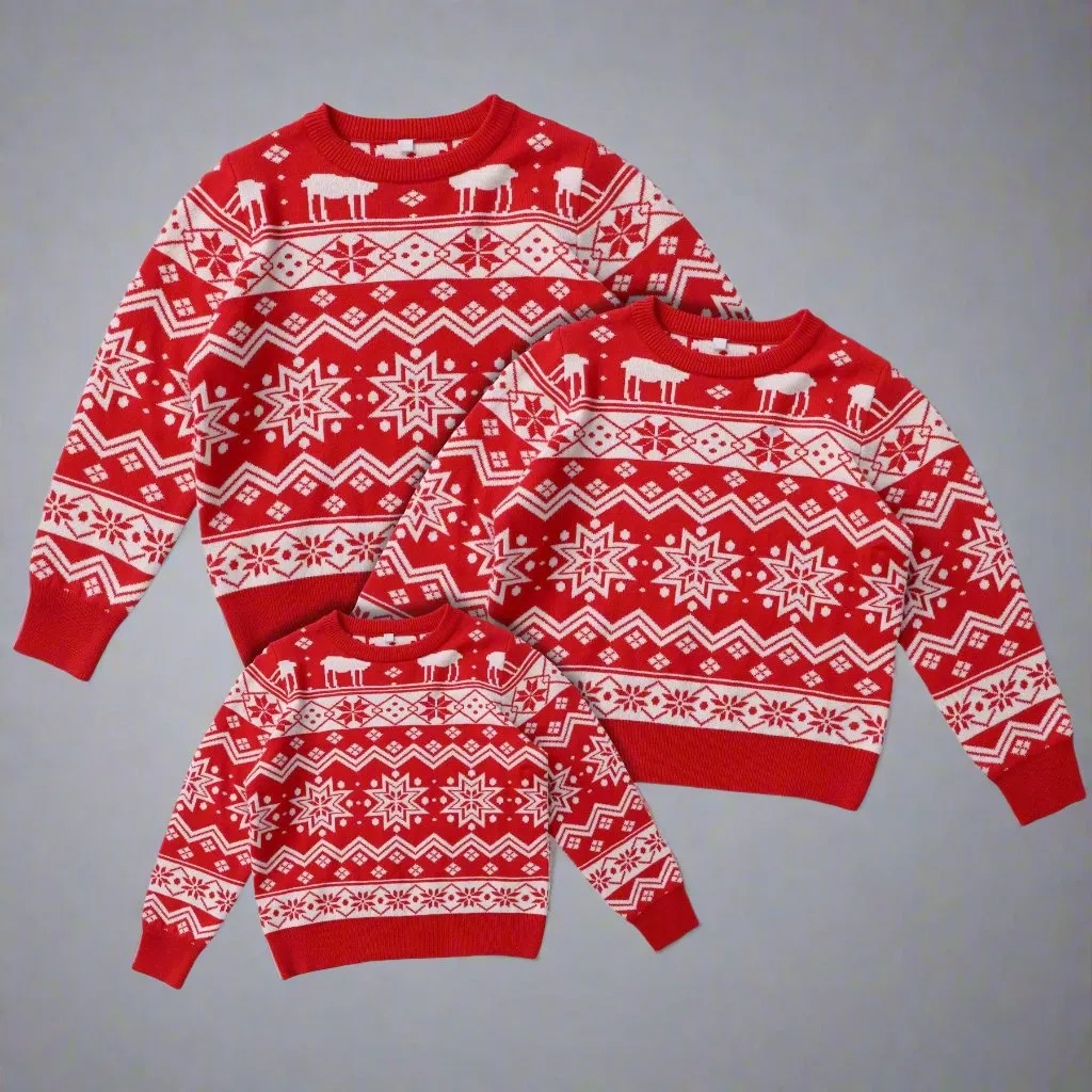 Matching Family Christmas Sweaters – Festive Red with Reindeer and Snowflake Pattern