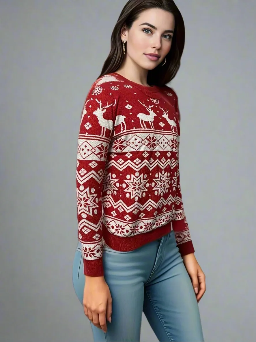 Matching Family Christmas Sweaters – Festive Red with Reindeer and Snowflake Pattern