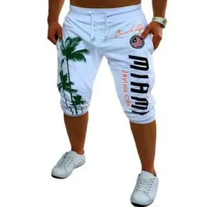 Men's Casual Digital Printed Coconut Pattern Slim Shorts - White M