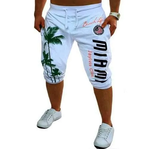 Men's Casual Digital Printed Coconut Pattern Slim Shorts - White M