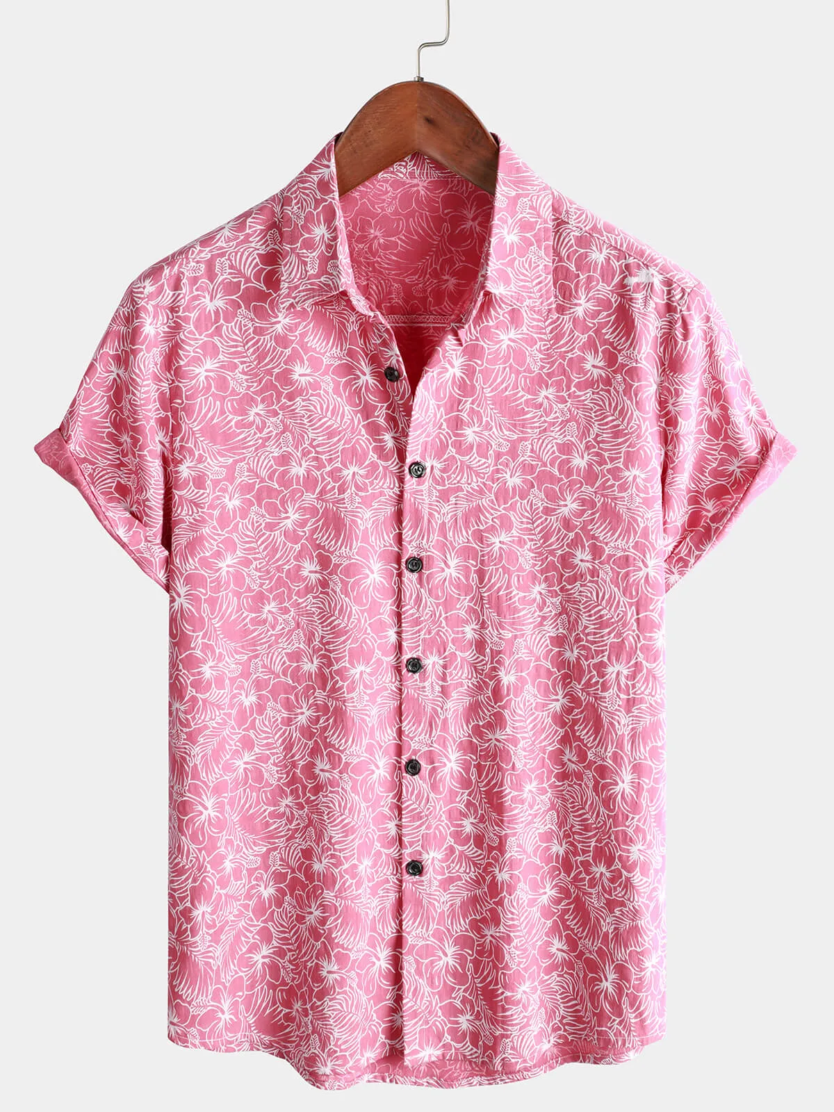 Men's Cotton Floral Holiday Flower Print Button Up Beach Pink Hawaiian Short Sleeve Shirt