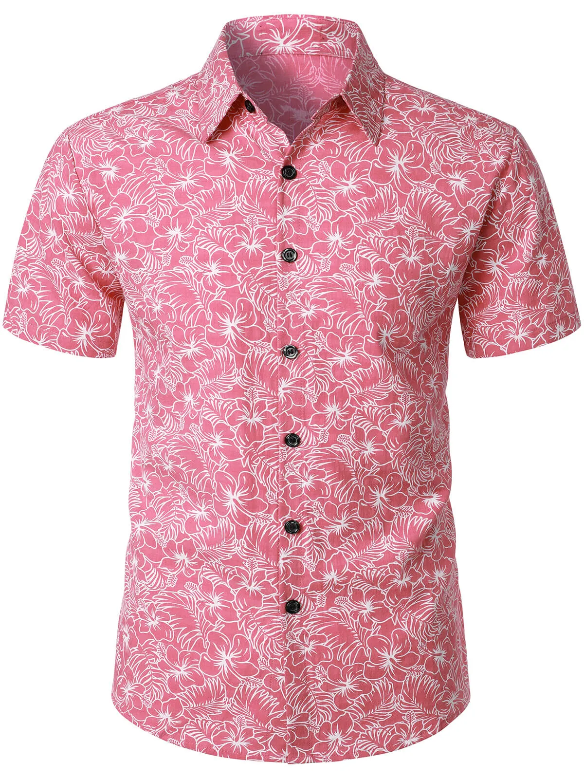Men's Cotton Floral Holiday Flower Print Button Up Beach Pink Hawaiian Short Sleeve Shirt