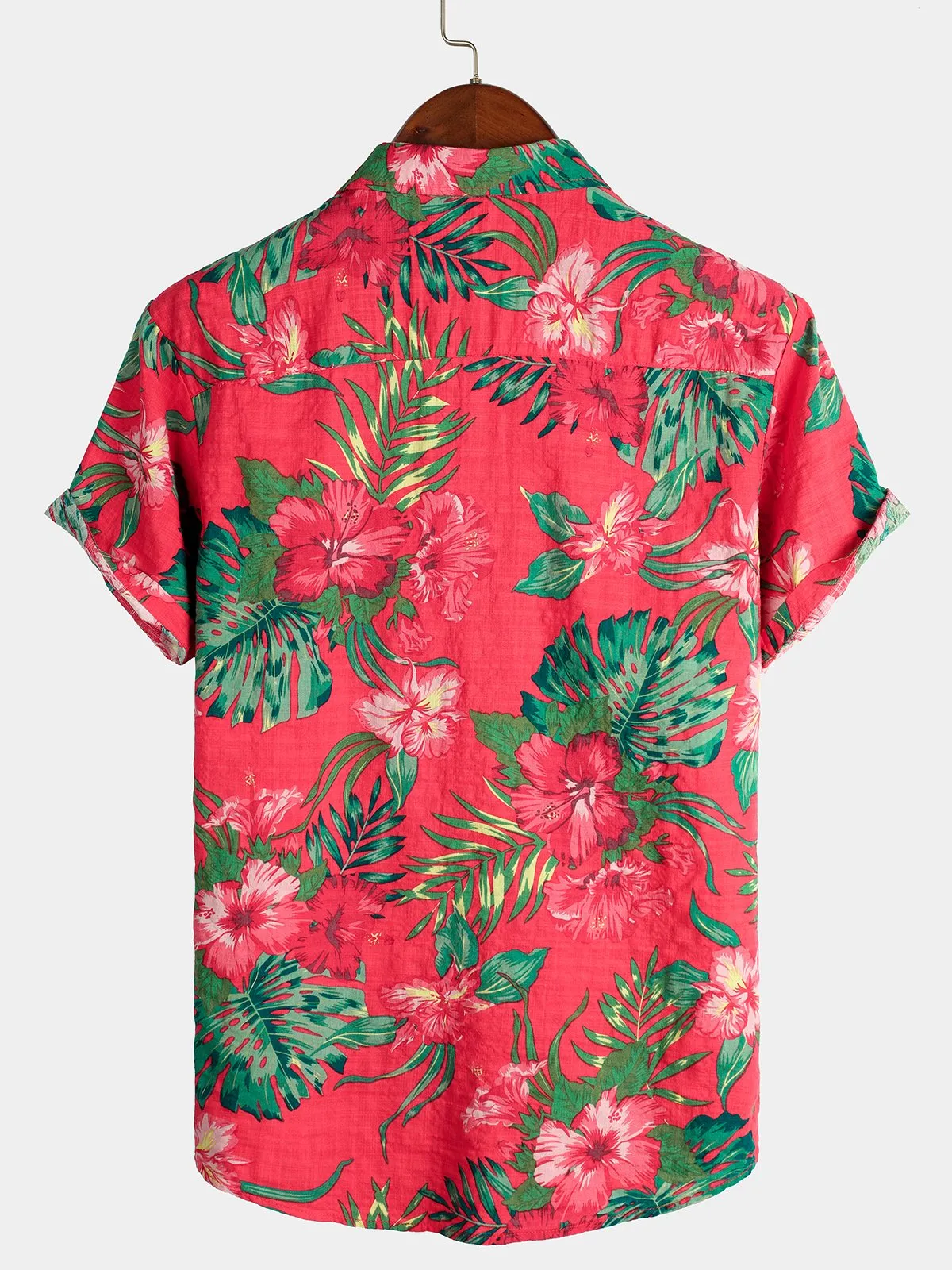 Men's Floral Tropical Hawaii Cotton Red Shirt