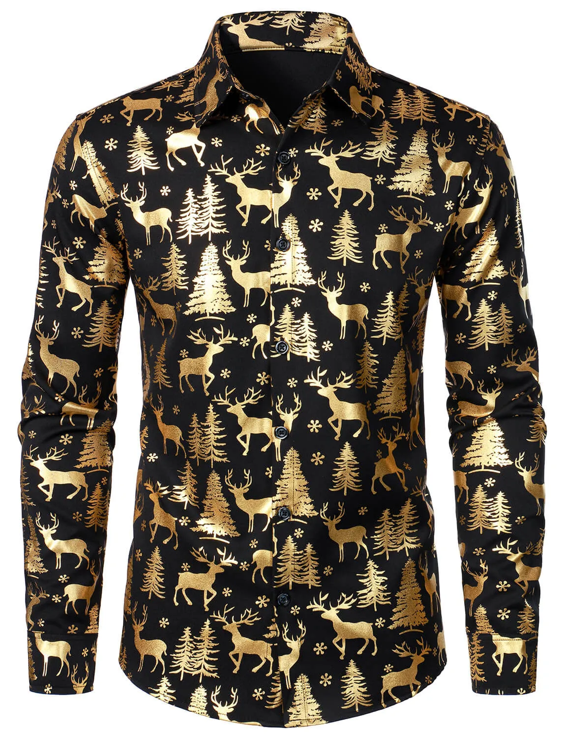 Men's Golden Christmas Reindeer Festive Print Long Sleeve Shirt