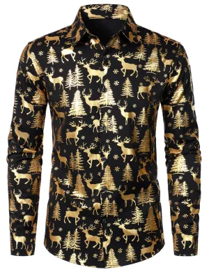 Men's Golden Christmas Reindeer Festive Print Long Sleeve Shirt