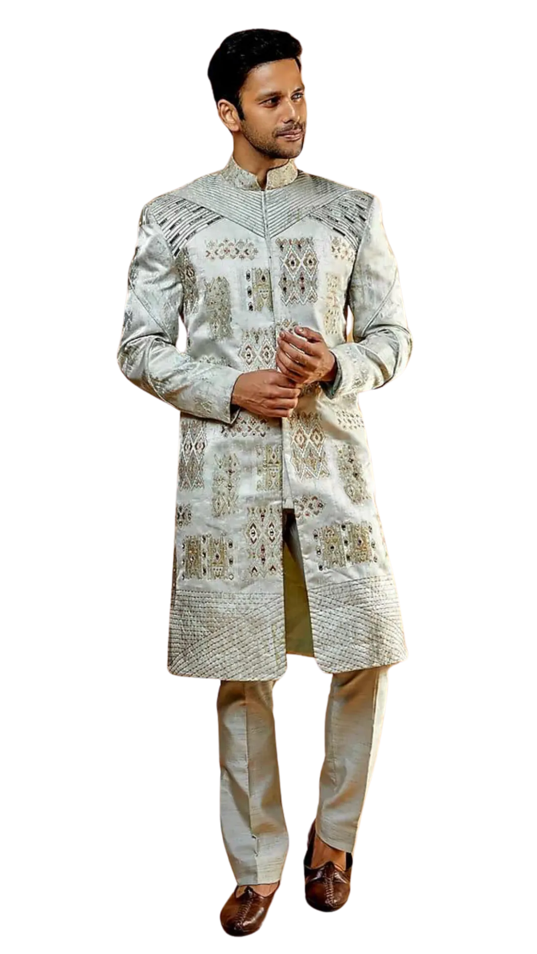 Men's Light Blue Patterned Sherwani