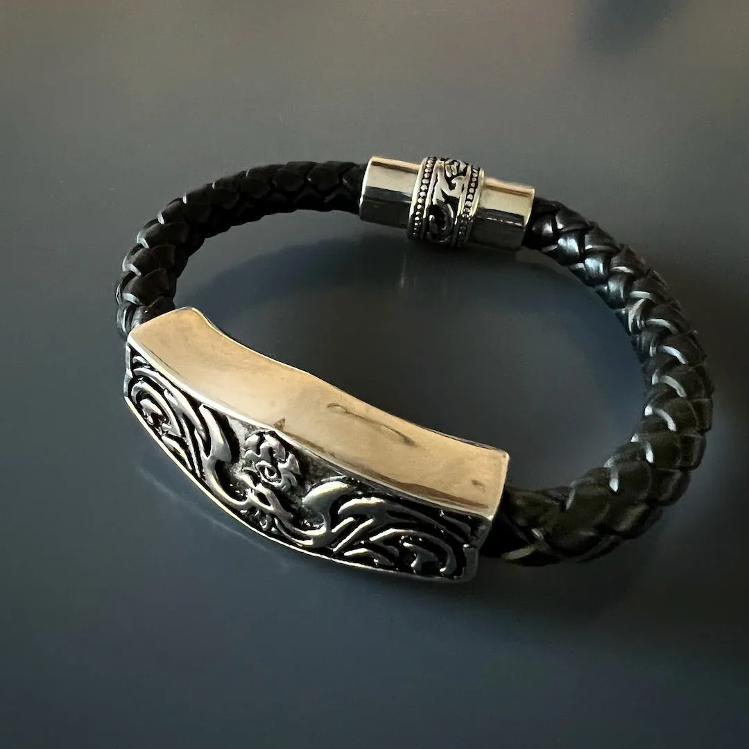 Men's Silver Tribal Black Leather Bracelet