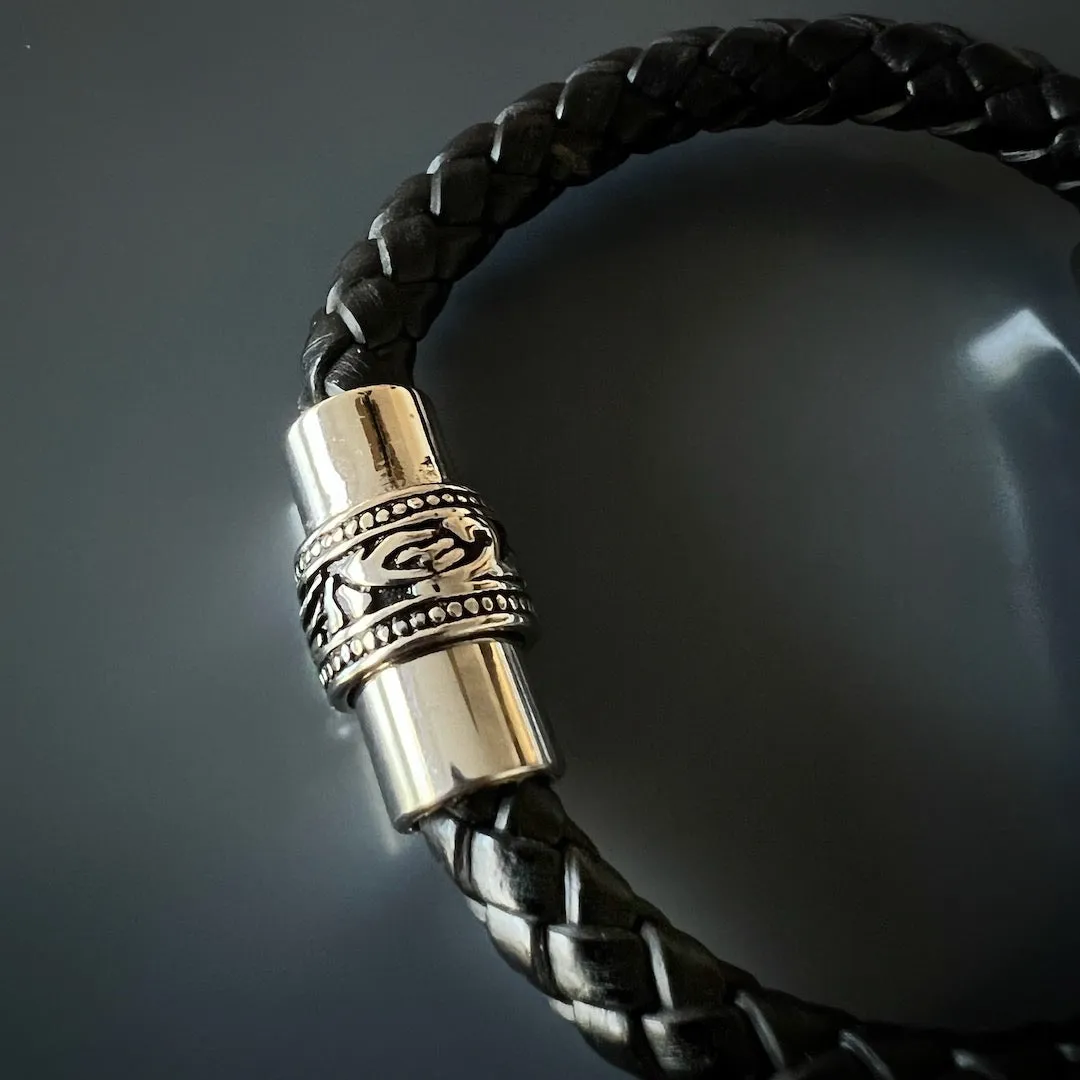 Men's Silver Tribal Black Leather Bracelet