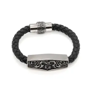 Men's Silver Tribal Black Leather Bracelet