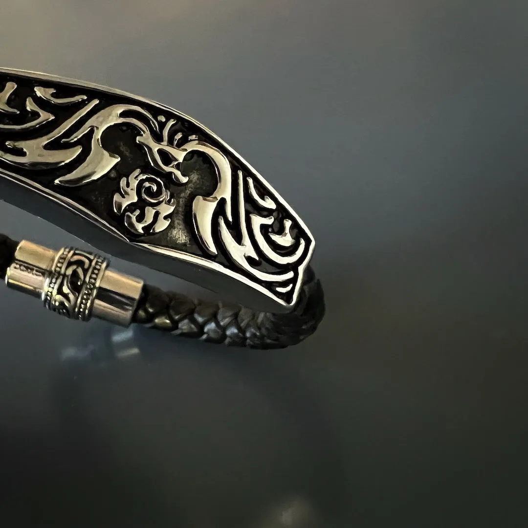 Men's Silver Tribal Black Leather Bracelet