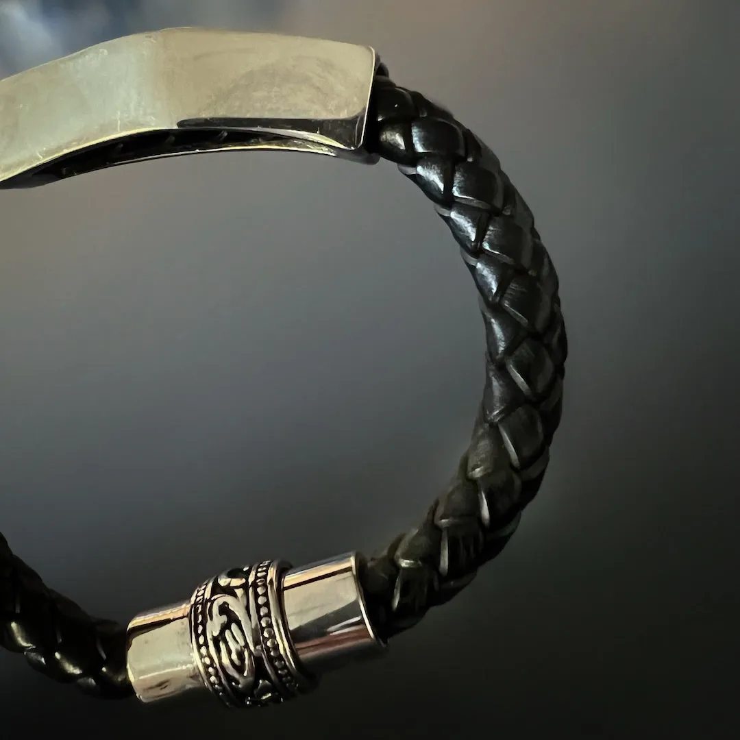 Men's Silver Tribal Black Leather Bracelet